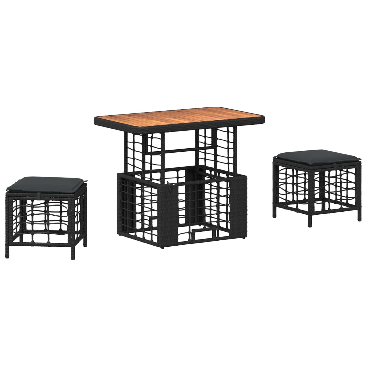 Kert étkező szett 3 pcs Fekete és Szürke Poli Rattan és Akácfa