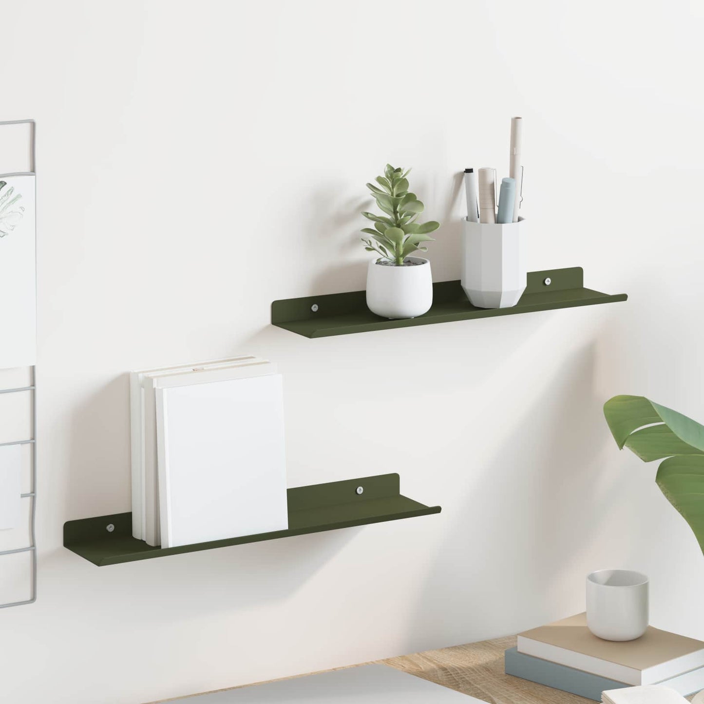Lebegő polc 2 pcs Olajzöld 40 x 8,5 x 2,5 cm Acél