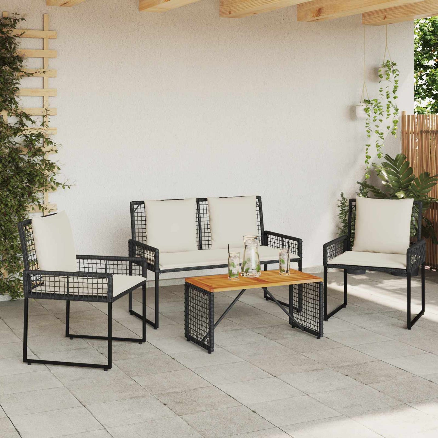 Kültéri Bútor Szett párnával 4 pcs Fekete és krémfehér