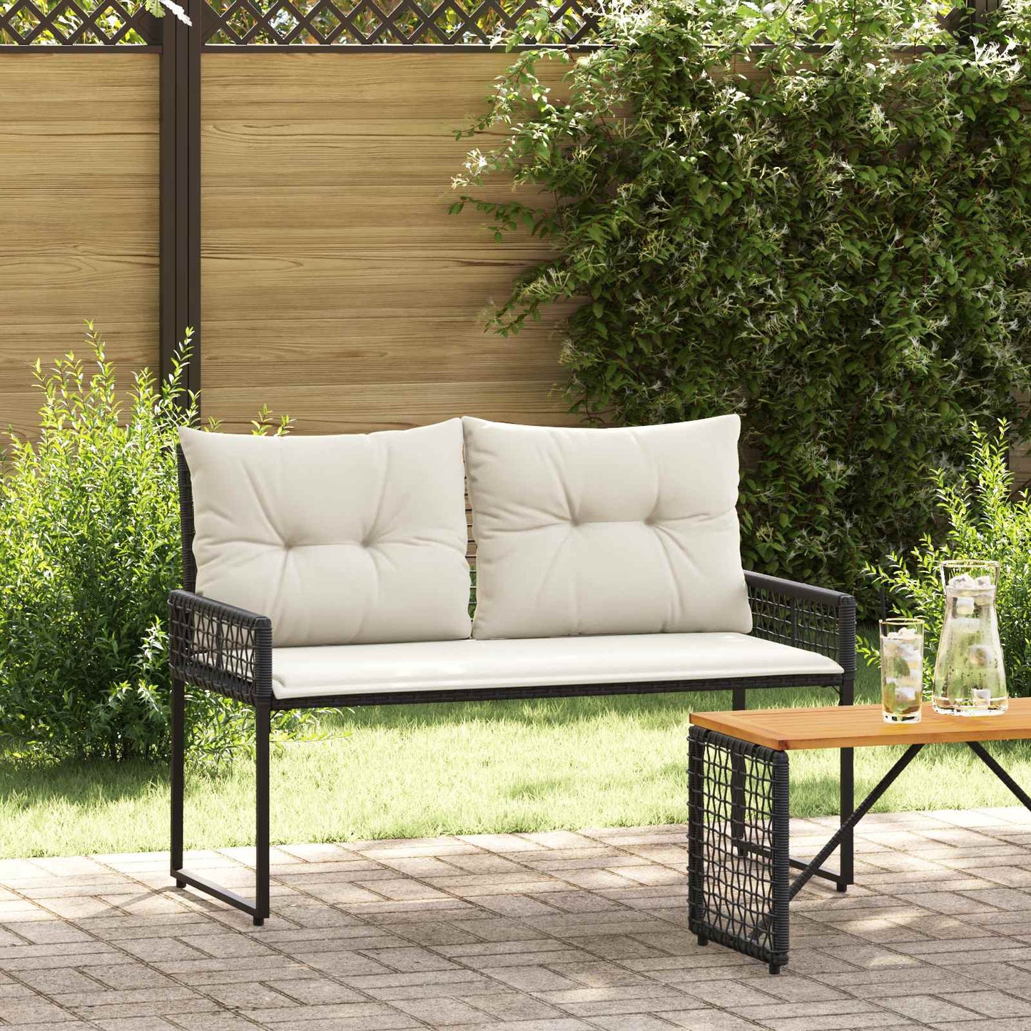 Kerti pad párnával Fekete és krémfehér 118 x 55 x 82 cm