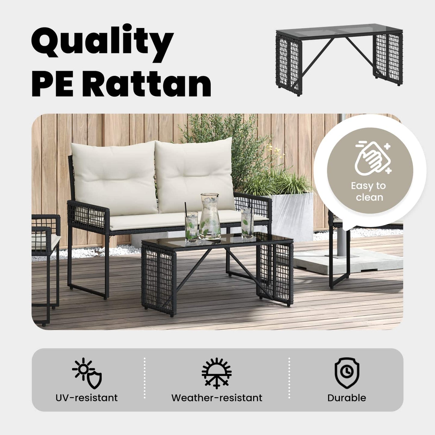 Kültéri Asztal Fekete 80 x 40 x 40 cm PE Rattan és Üveg