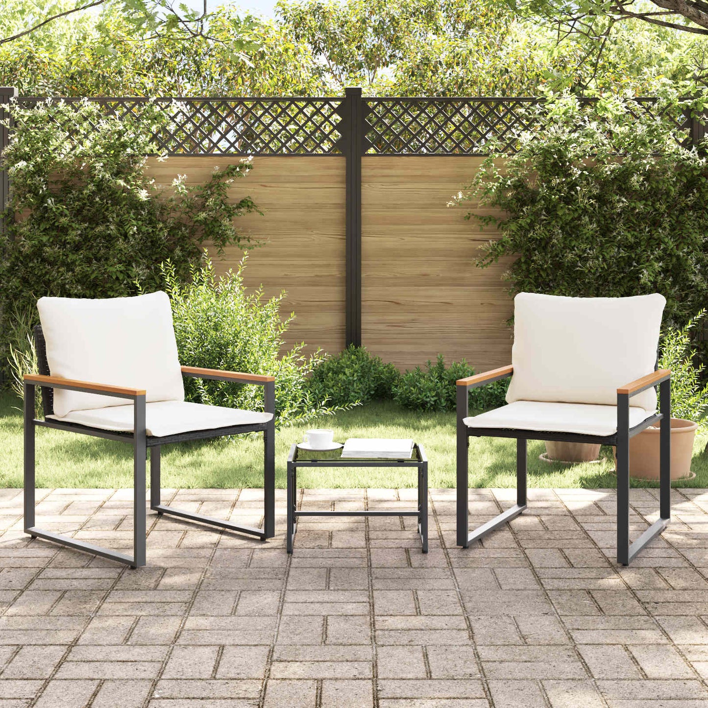 Bútor szettek párnával 3 pcs Fekete és krémfehér Rattan