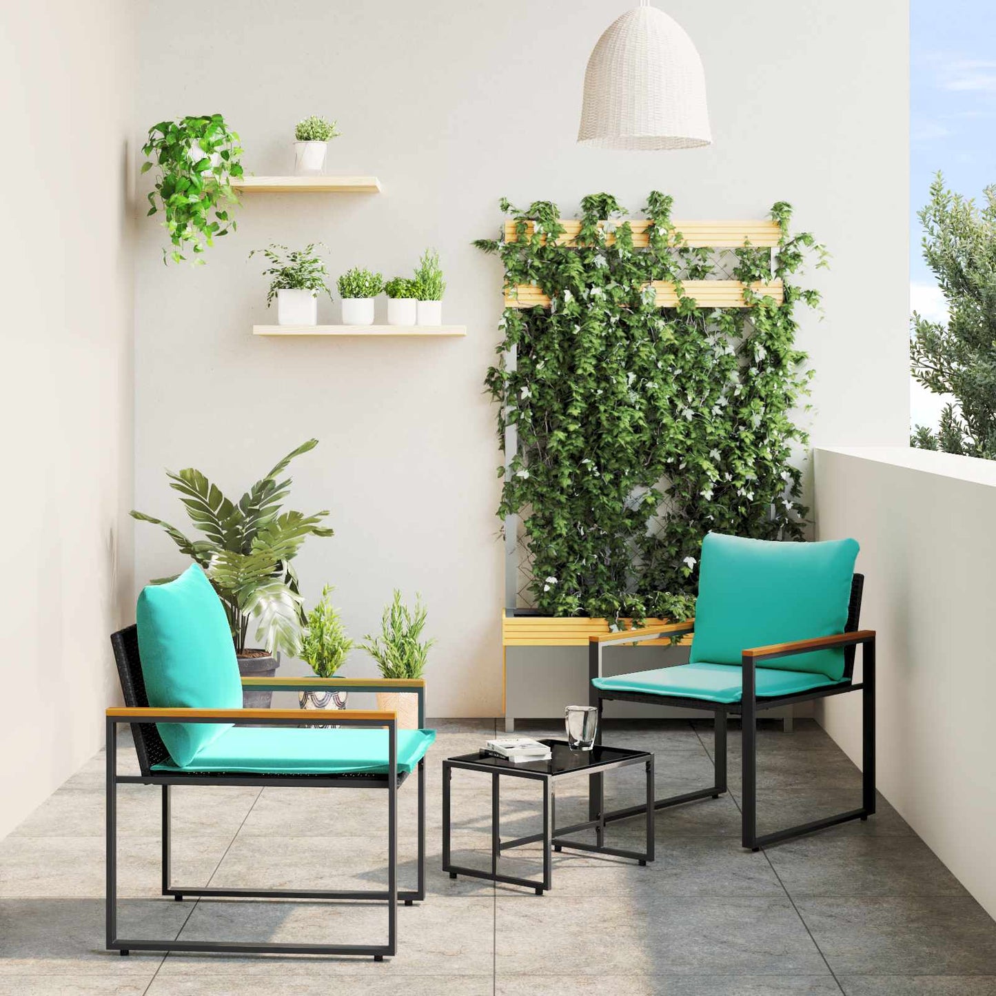 Bútor szettek párnával 3 pcs Fekete és Türkiz Rattan