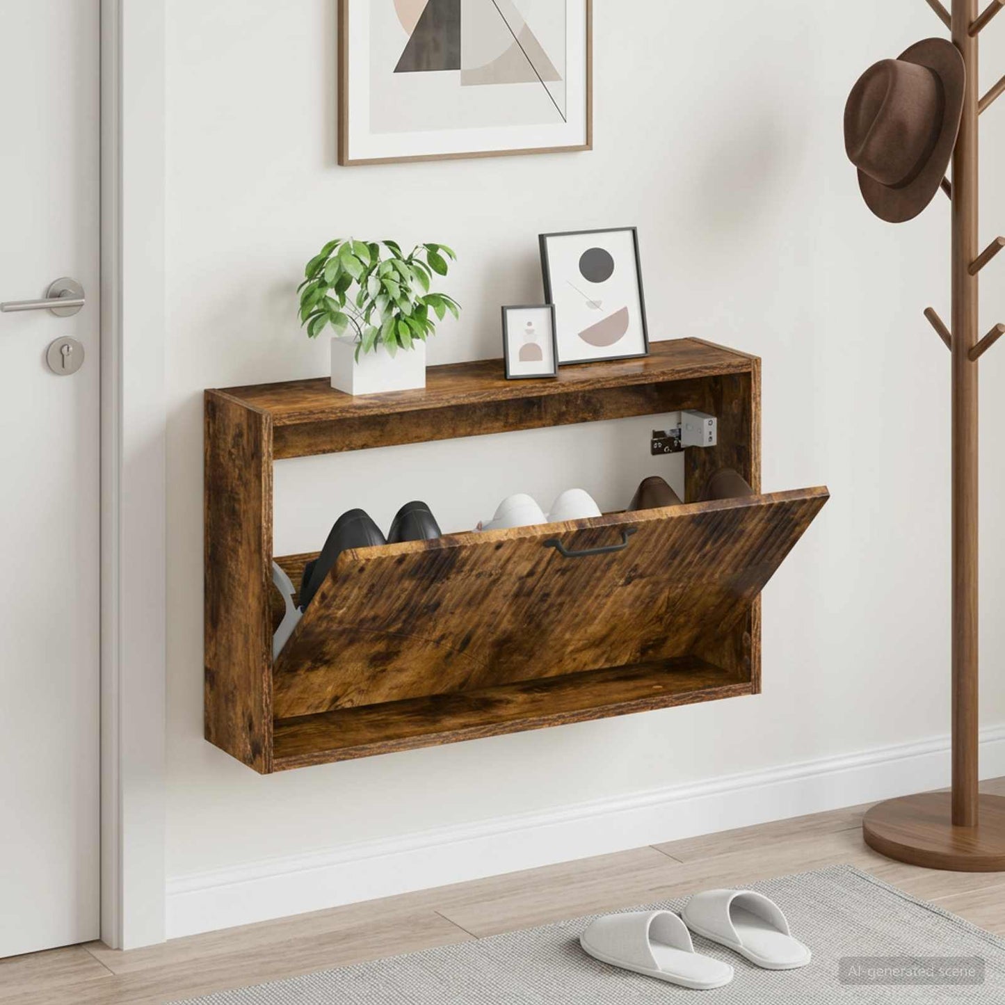 Fali Cipőtartó HOORN 71 x 17 x 43 cm Szerelt Fa Füstös Tölgy