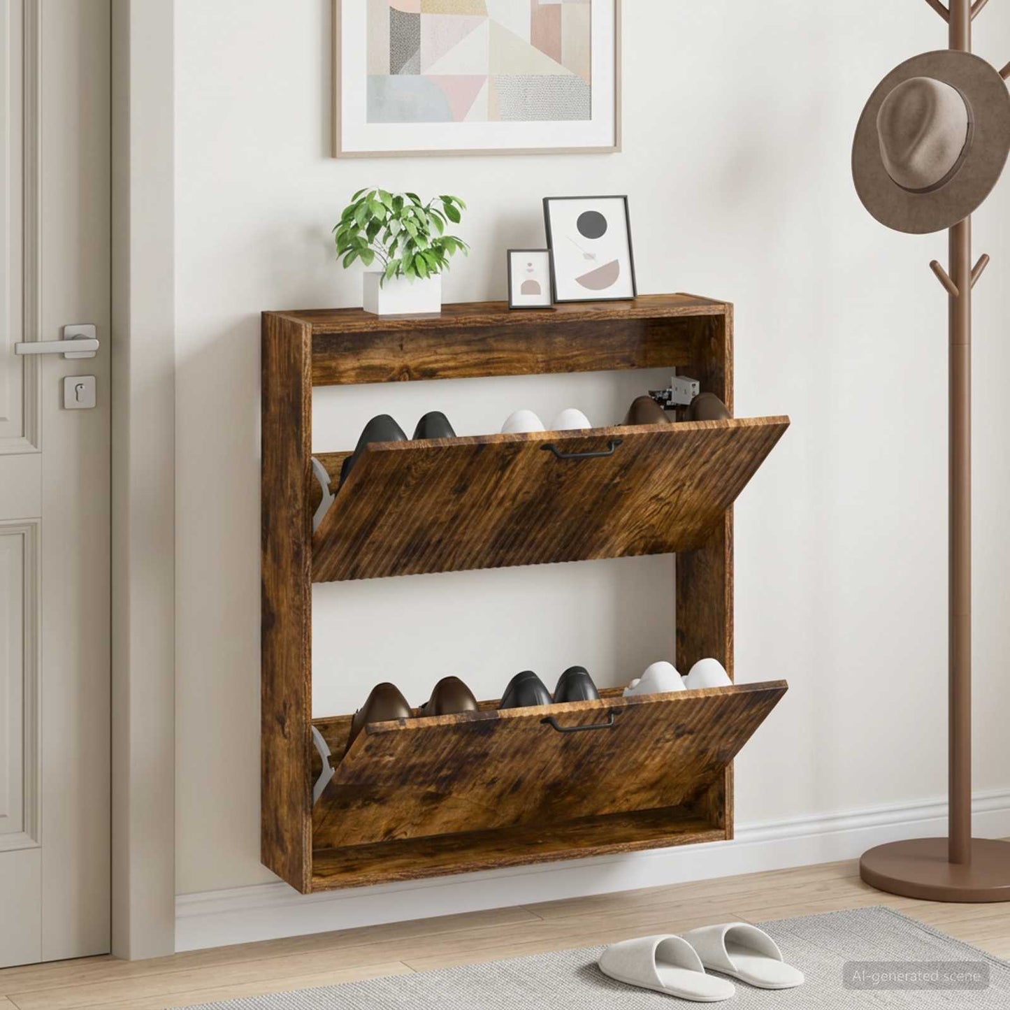 Fali Cipőtartó HOORN 71 x 17 x 86 cm Szerelt Fa Füstös Tölgy