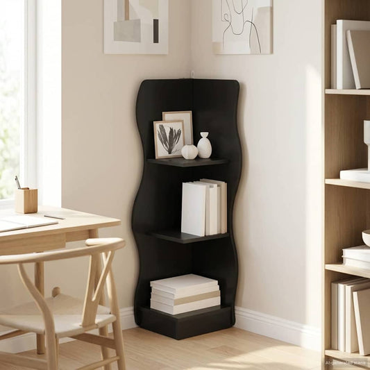 Sarokpolc polcokkal Fekete 34 x 33 x 102 cm Szerelt Fa