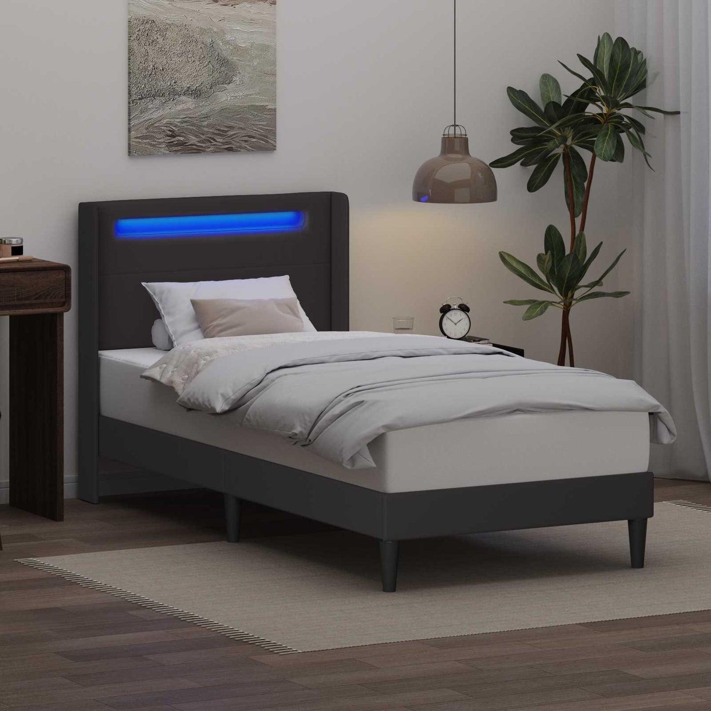 Ágykeret LED szalagokkal fejtámlával Szürke 90 x 190 cm Műbőr