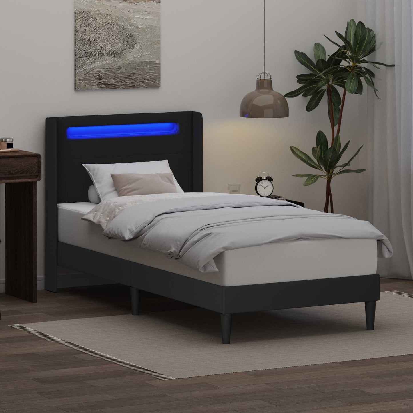 Ágykeret LED szalagokkal fejtámlával Fekete 90 x 190 cm Műbőr