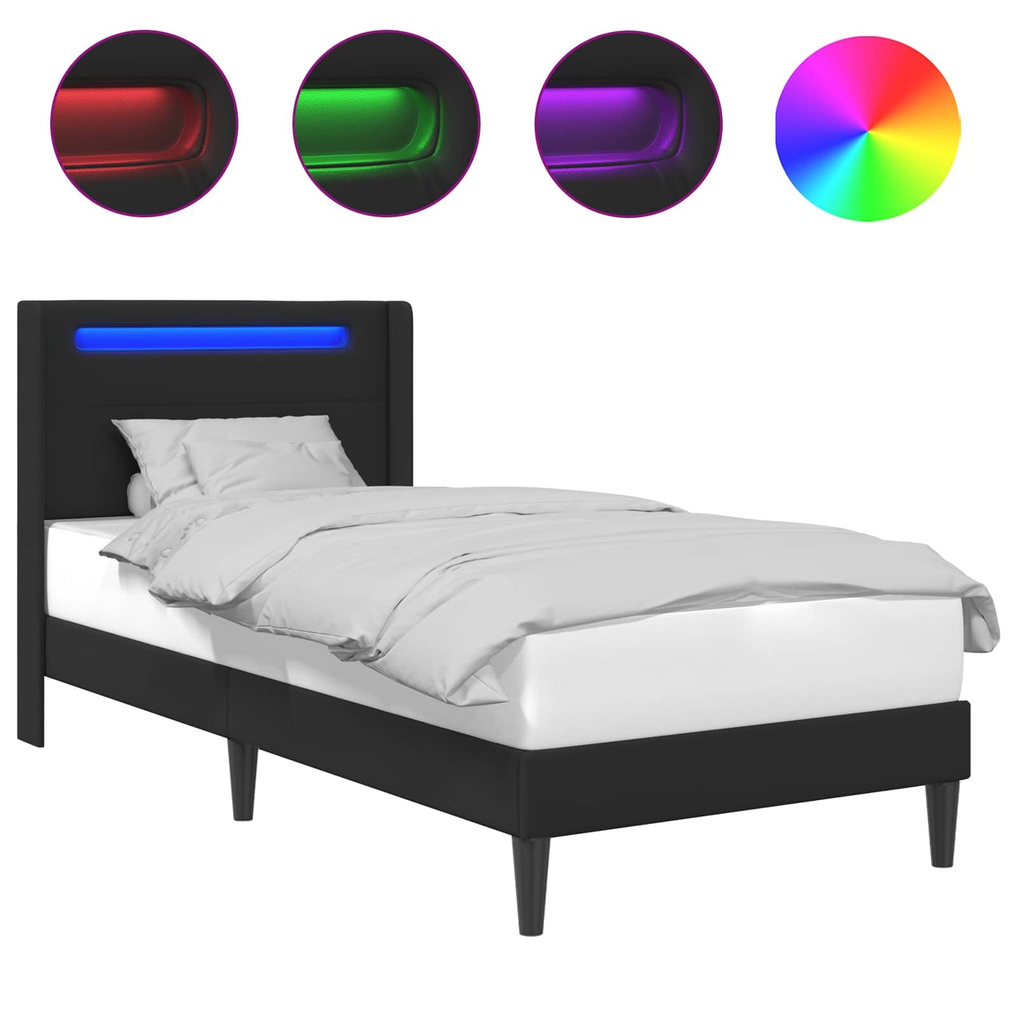 Ágykeret LED szalagokkal fejtámlával Fekete 90 x 190 cm Műbőr