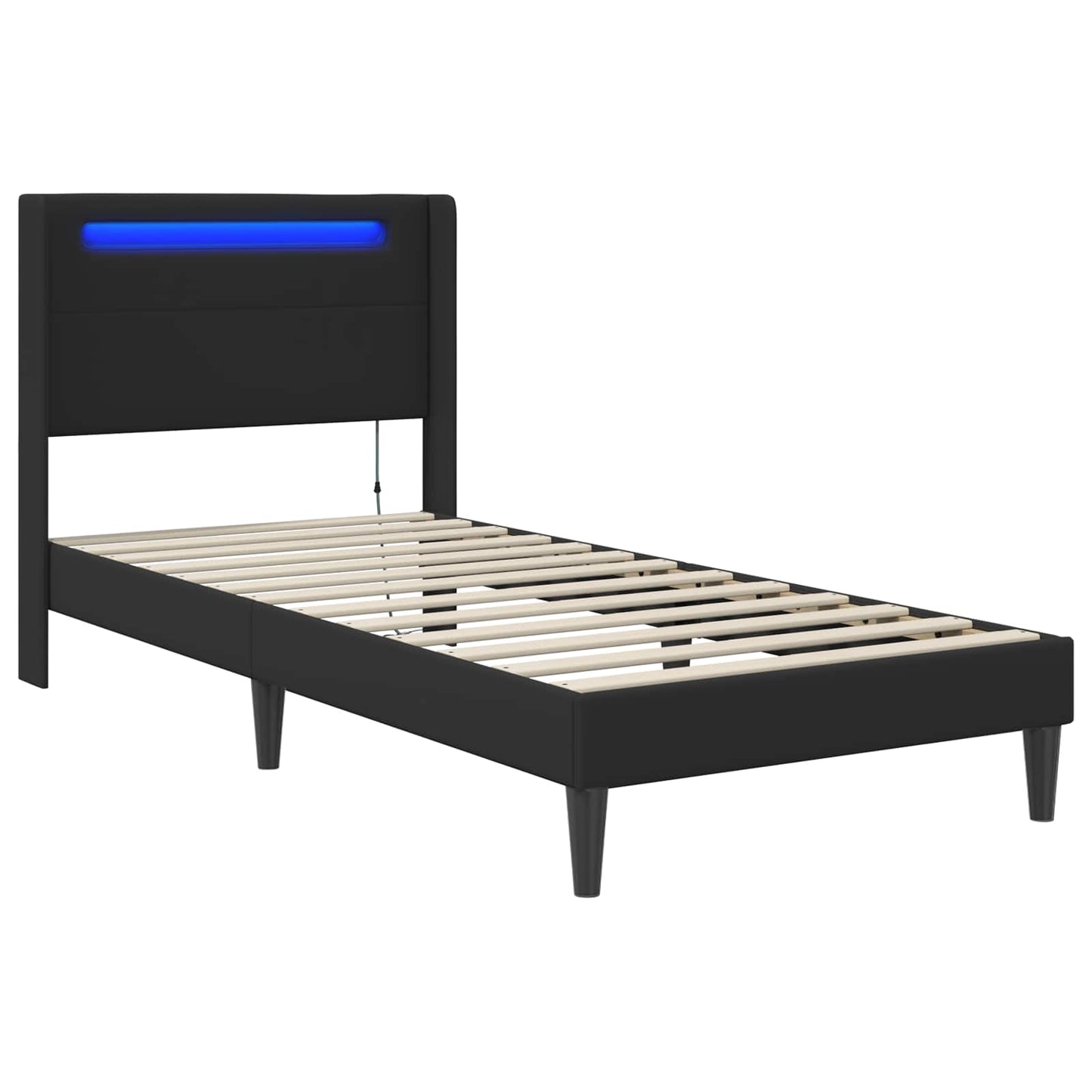 Ágykeret LED szalagokkal fejtámlával Fekete 90 x 190 cm Műbőr