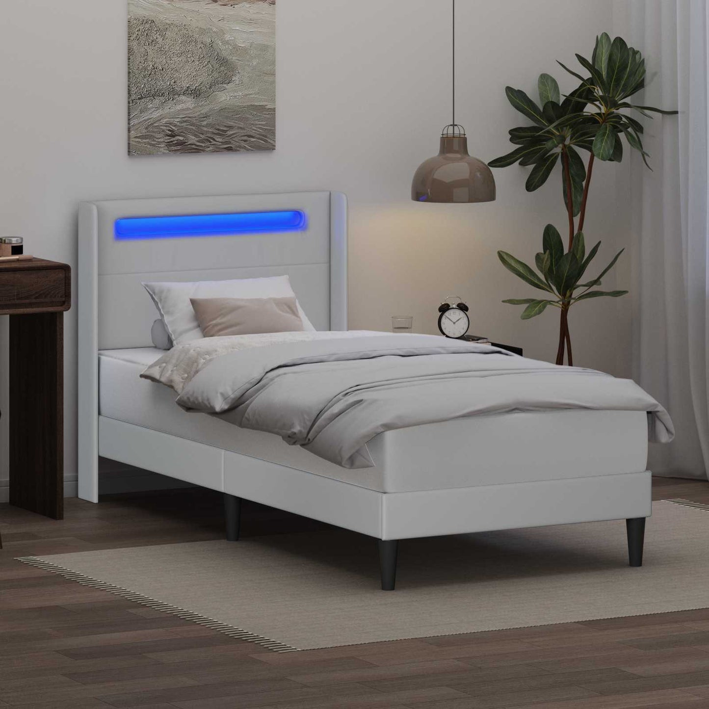 Ágykeret LED szalagokkal fejtámlával Fehér 90 x 190 cm Műbőr