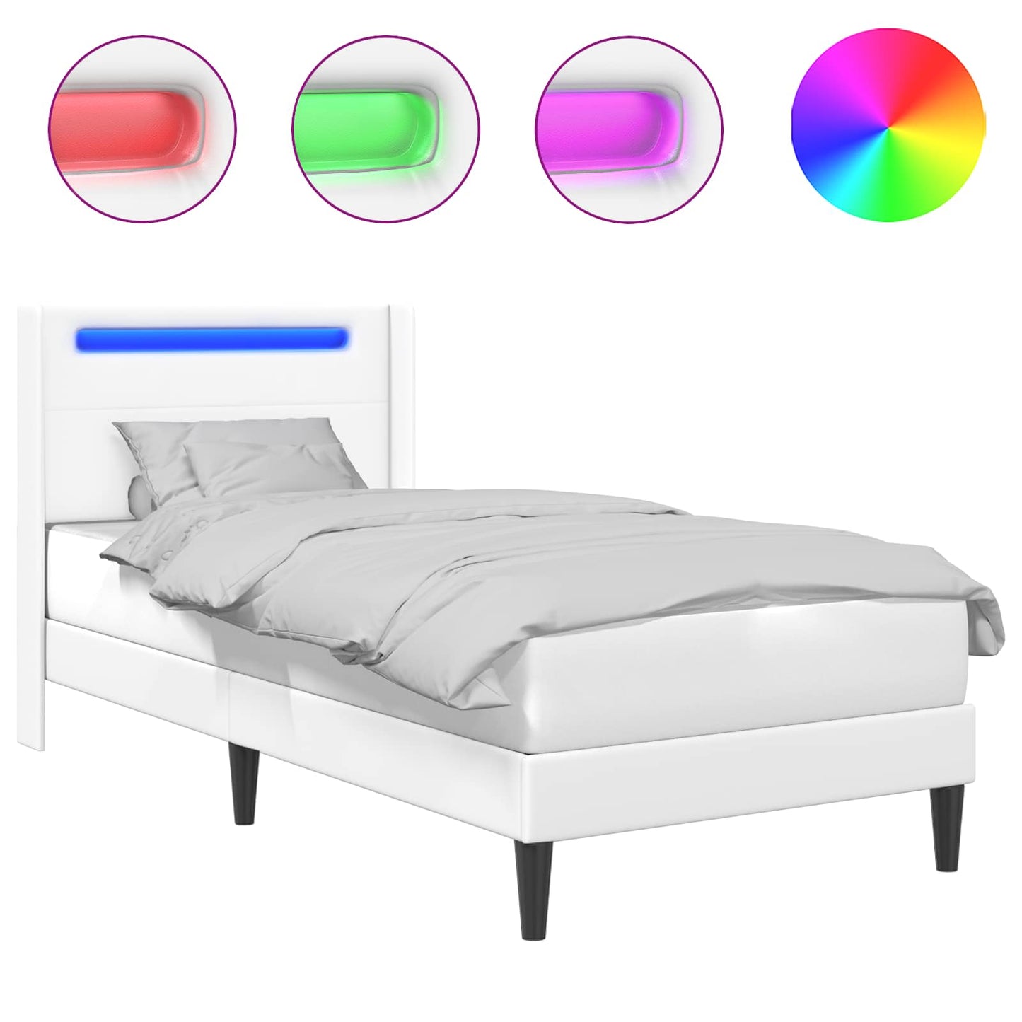 Ágykeret LED szalagokkal fejtámlával Fehér 90 x 190 cm Műbőr