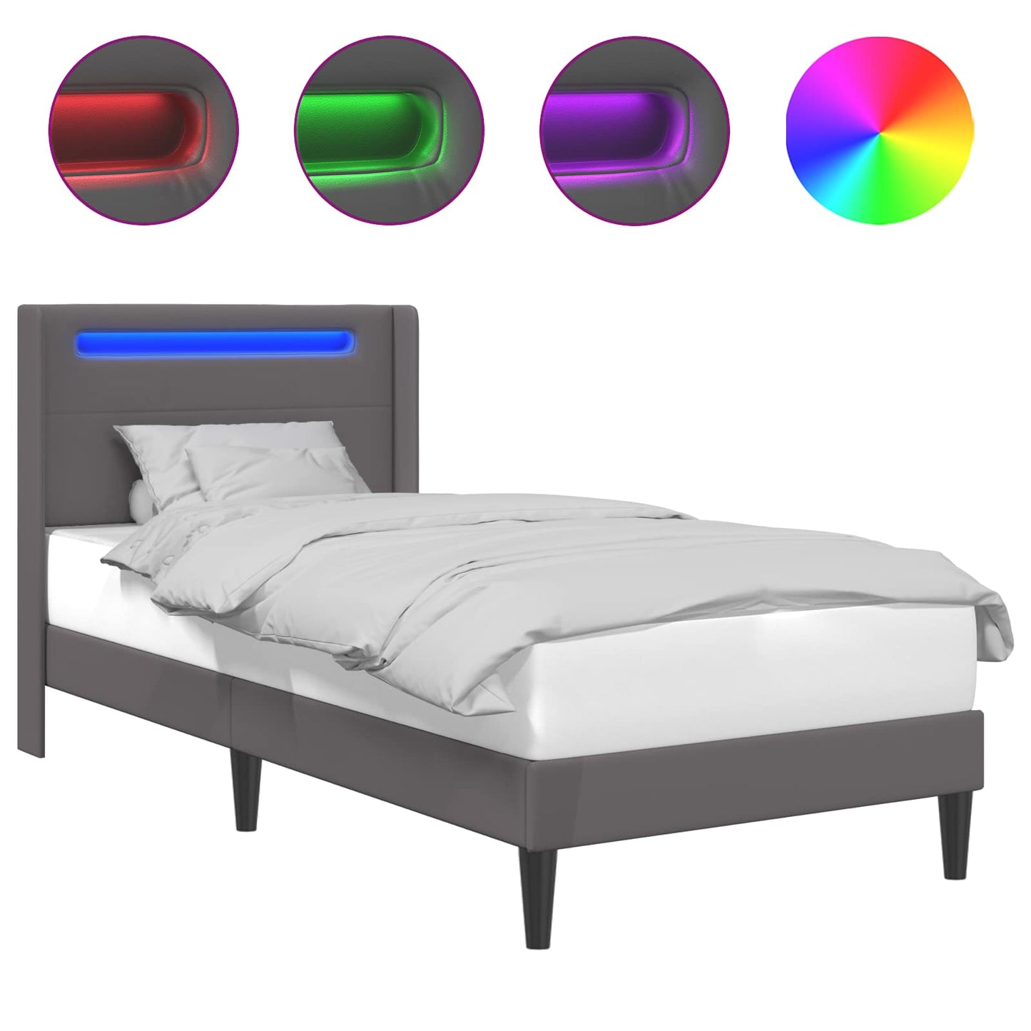 Ágykeret LED szalagokkal fejtámlával Szürke 90 x 200 cm Műbőr