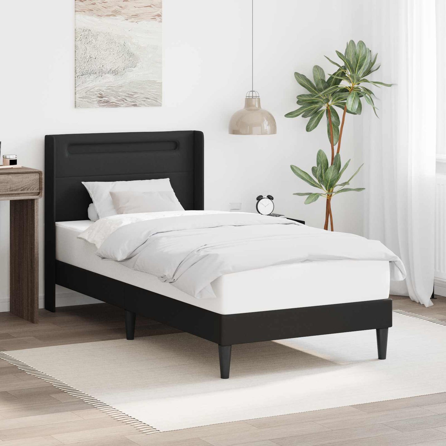 Ágykeret LED szalagokkal fejtámlával Fekete 100 x 200 cm Műbőr
