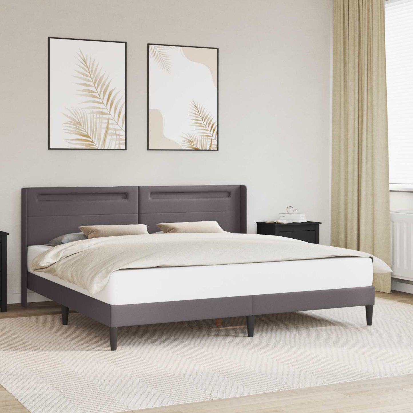 Ágykeret LED szalagokkal fejtámlával Szürke 200 x 200 cm Műbőr
