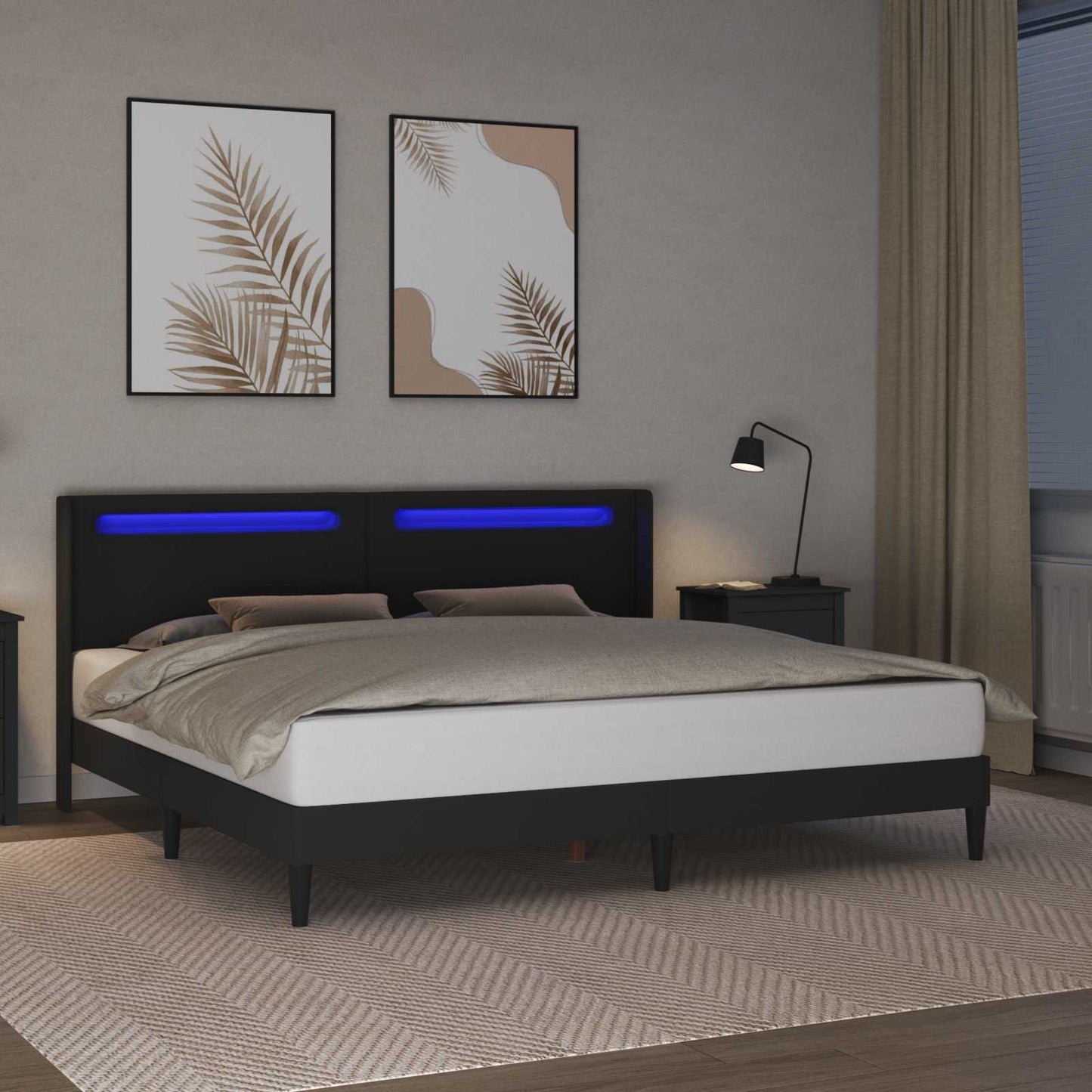 Ágykeret LED szalagokkal fejtámlával Fekete 200 x 200 cm Műbőr