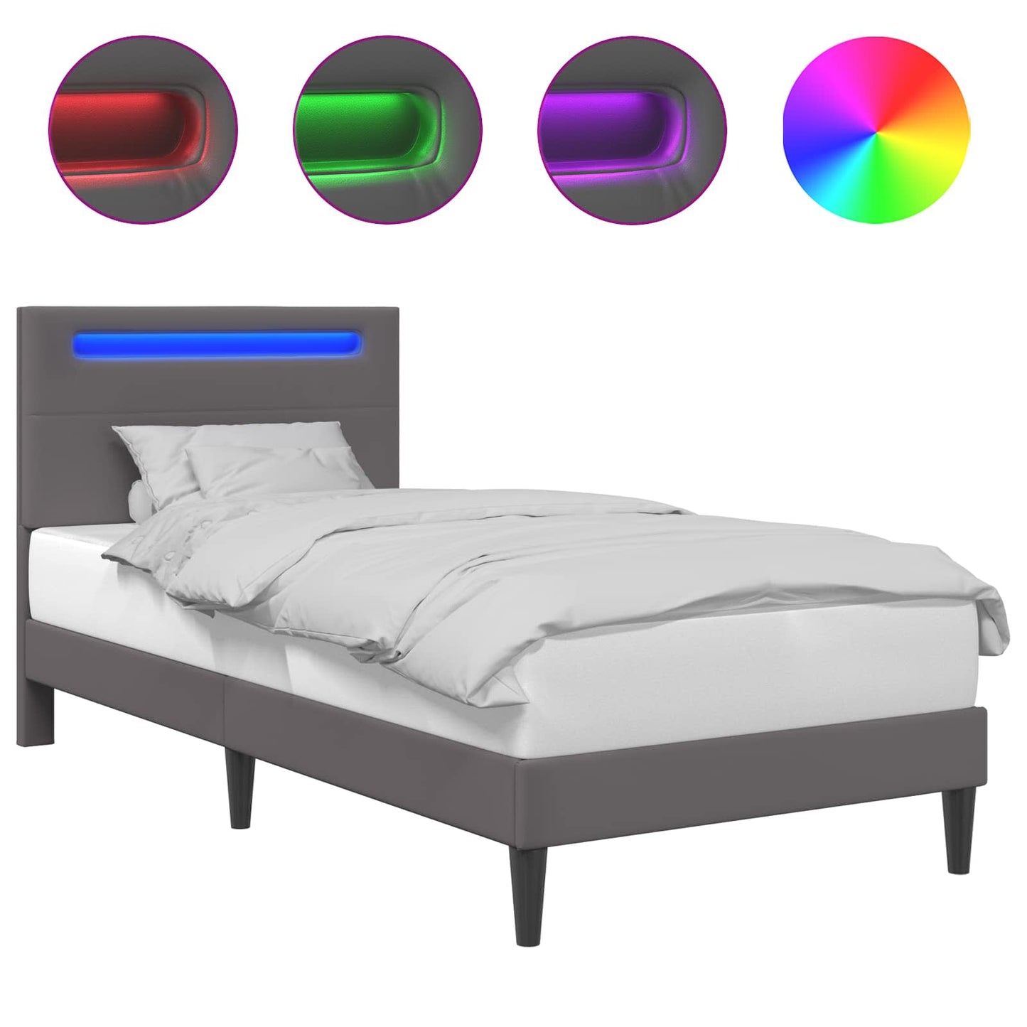 Ágykeret LED szalagokkal fejtámlával Szürke 90 x 200 cm Műbőr
