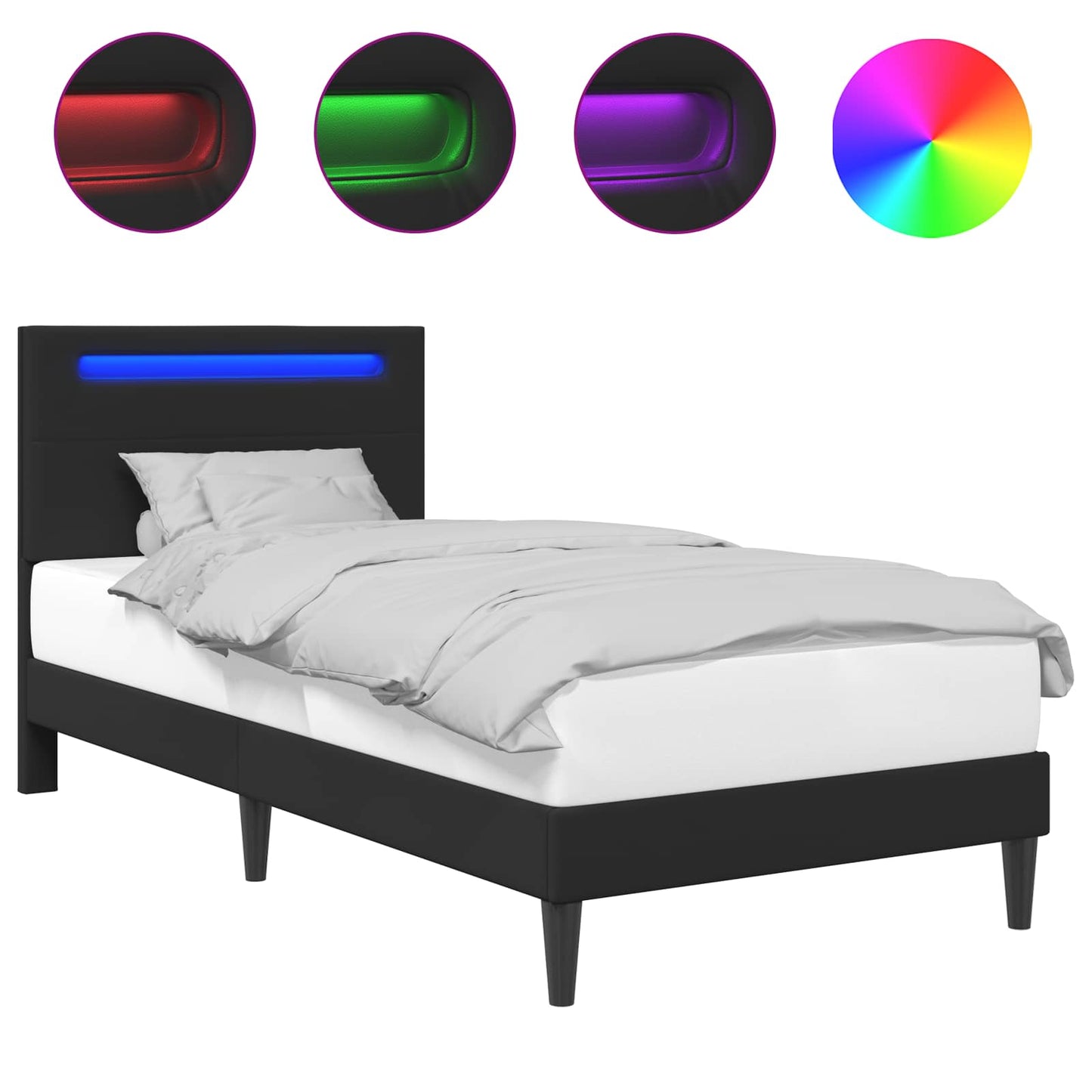 Ágykeret LED szalagokkal fejtámlával Fekete 90 x 200 cm Műbőr