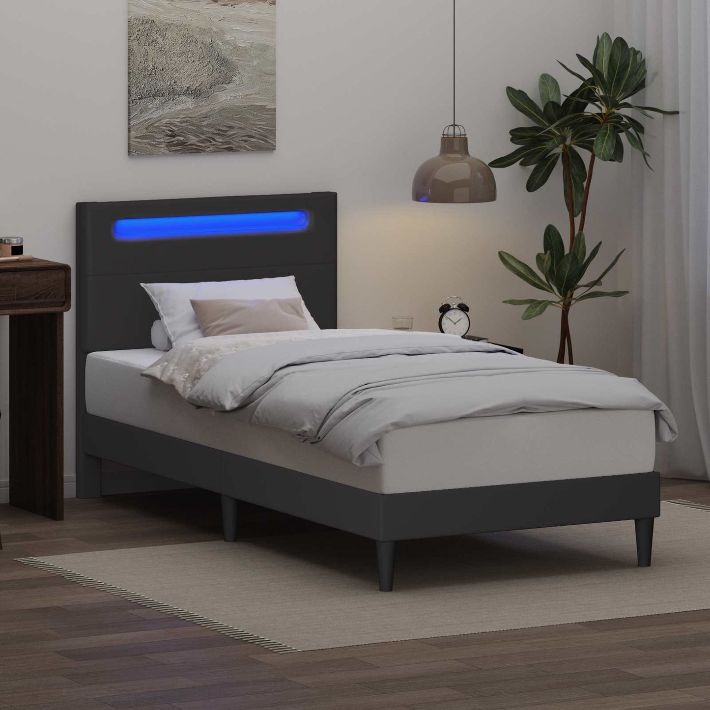 Ágykeret LED szalagokkal fejtámlával Szürke 100 x 200 cm Műbőr