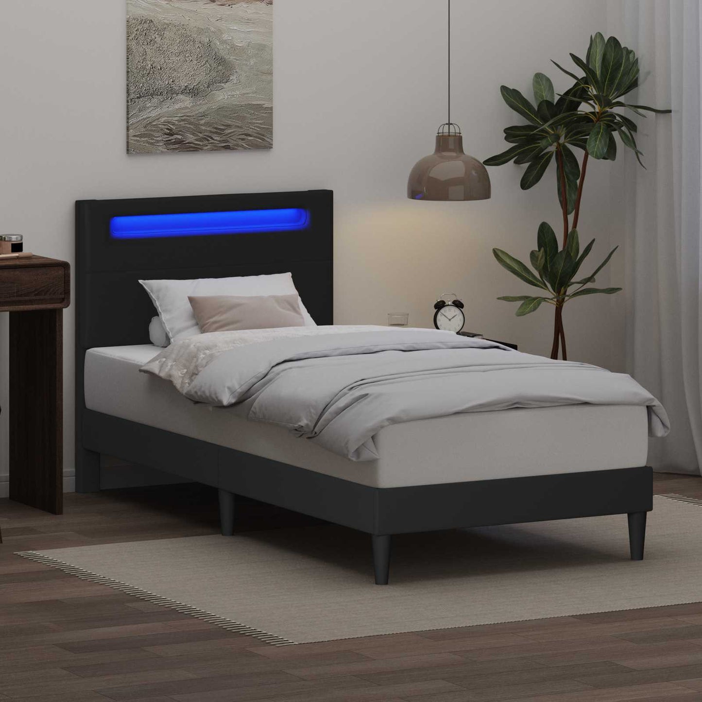 Ágykeret LED szalagokkal fejtámlával Fekete 100 x 200 cm Műbőr