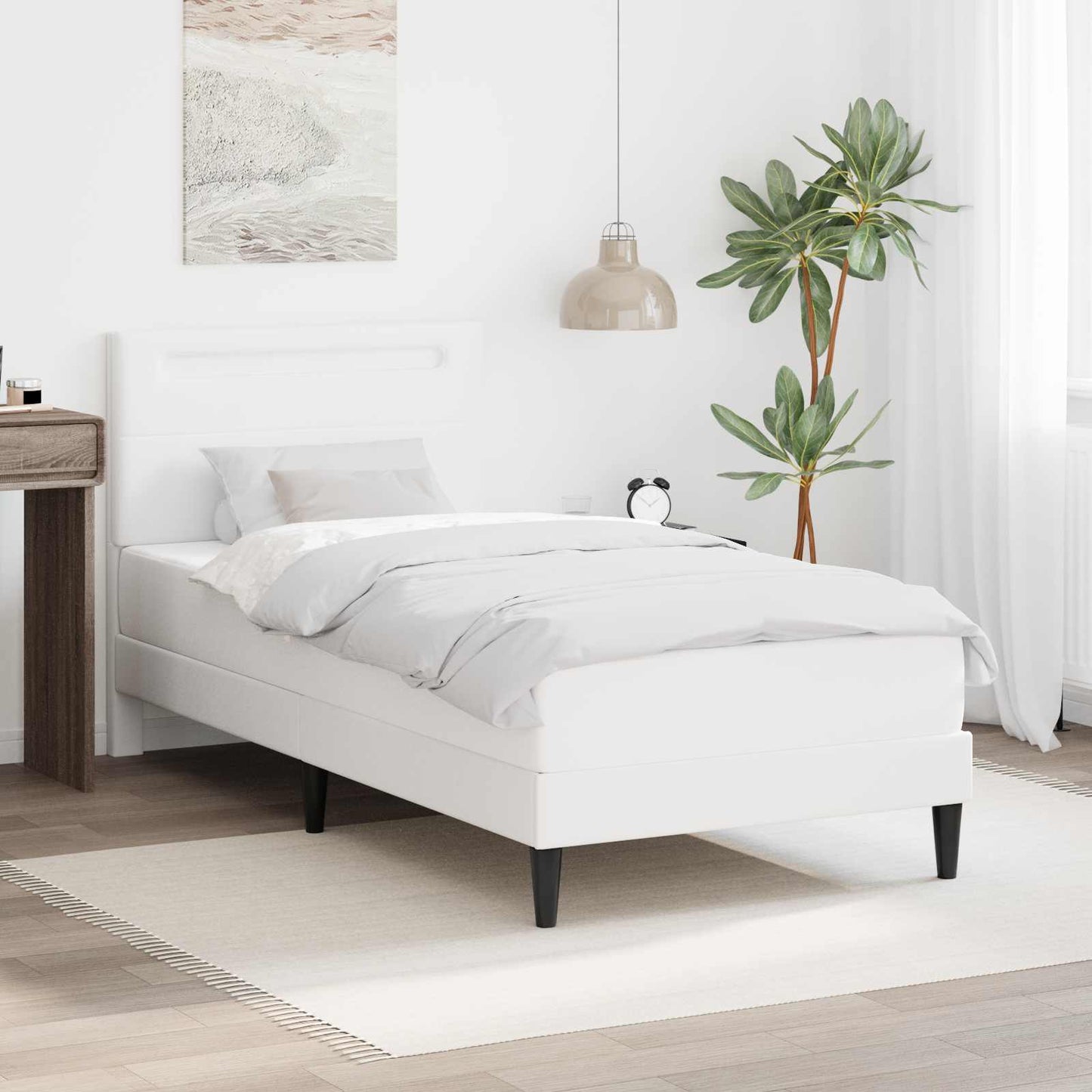 Ágykeret LED szalagokkal fejtámlával Fehér 100 x 200 cm Műbőr