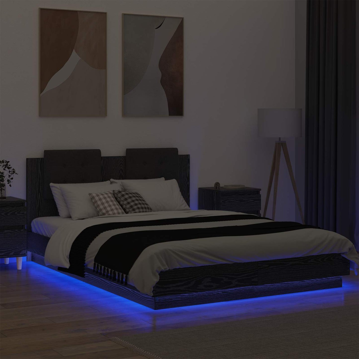 Ágykeret támlával Fekete tölgy 160 x 200 cm Szerelt Fa