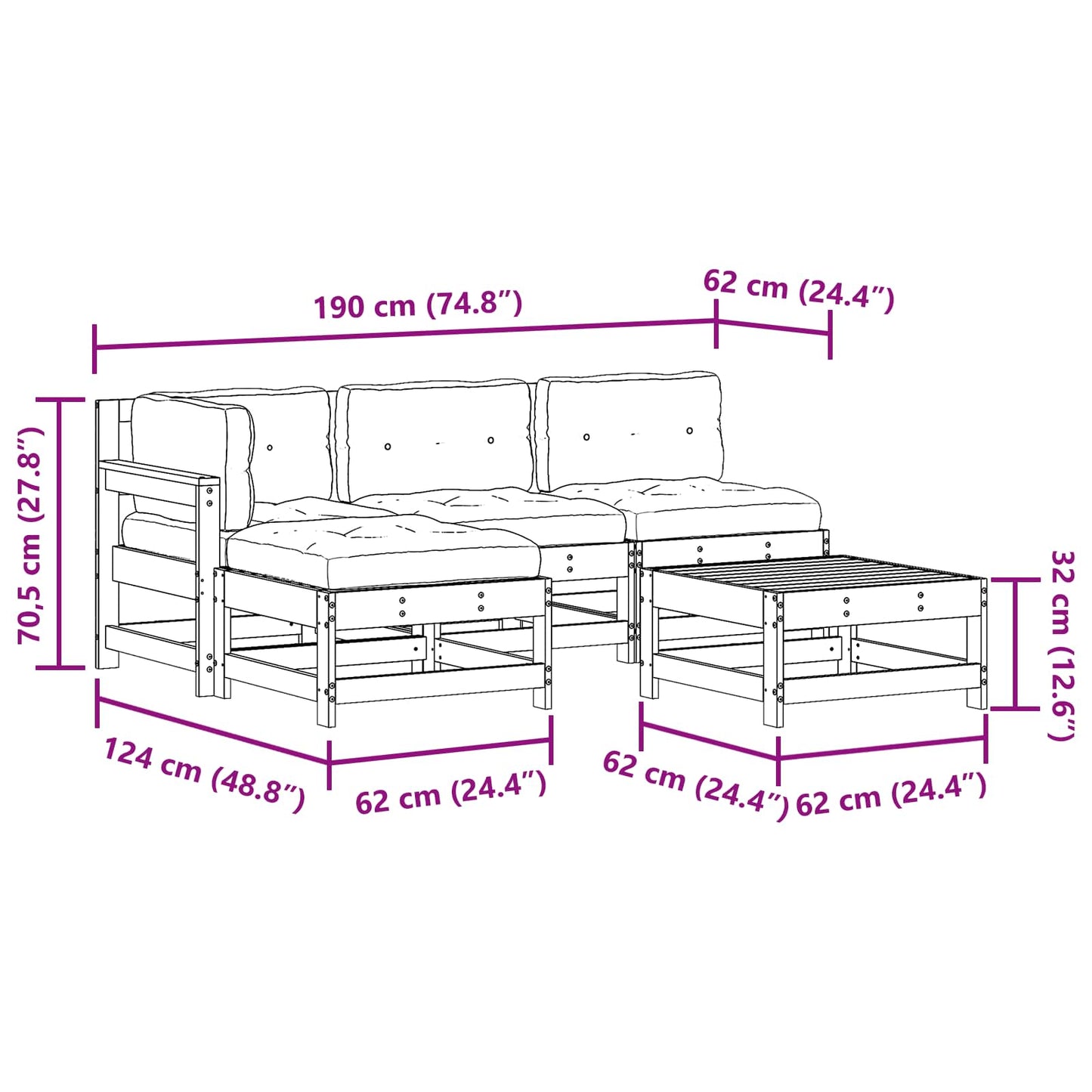Kerti lounge szett 5 pcs Viaszbarna Tömör Fenyőfa