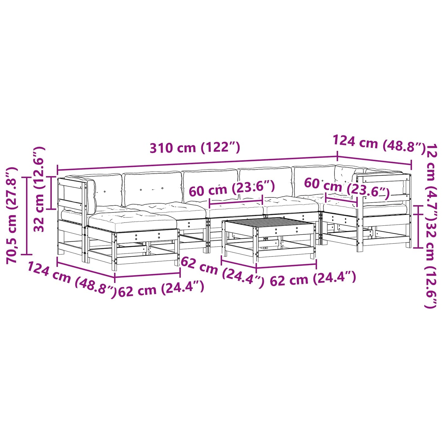 Kerti lounge szett 8 pcs Viaszbarna Tömör Fenyőfa