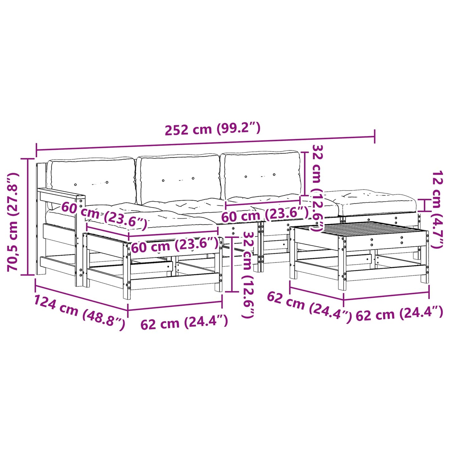 Kerti lounge szett 6 pcs Viaszbarna Tömör Fenyőfa