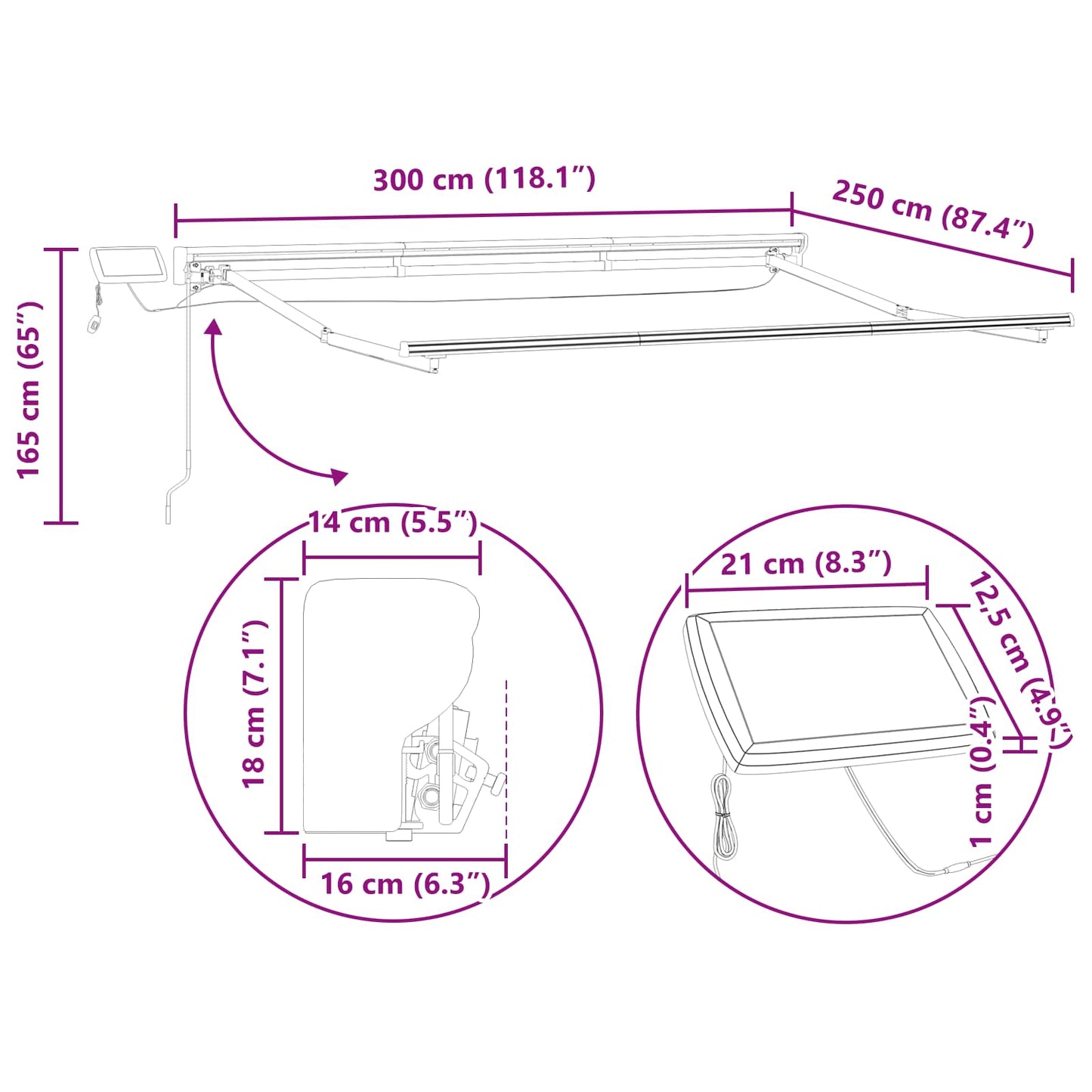 Kézi napellenző keret LED világítással 3 x 2,5 m