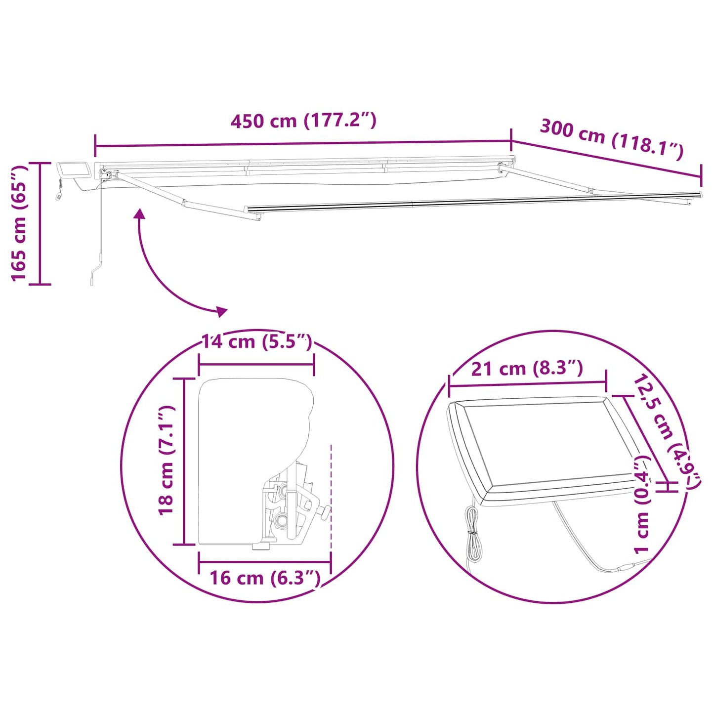 Kézi napellenző keret LED világítással 4,5 × 3 m