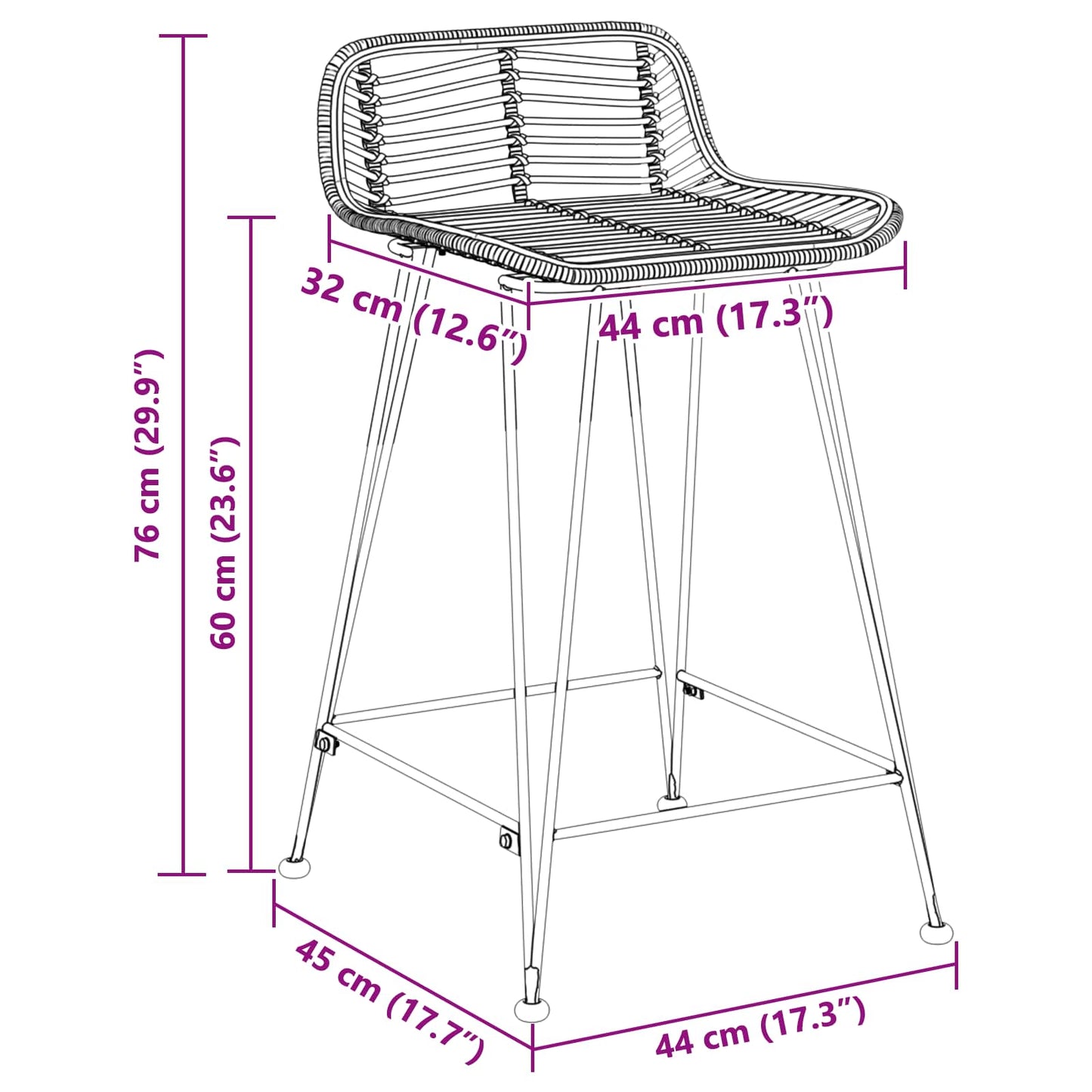 Bárszék 2 pcs Természetes 44 x 45 x 76 cm Rattan és acél