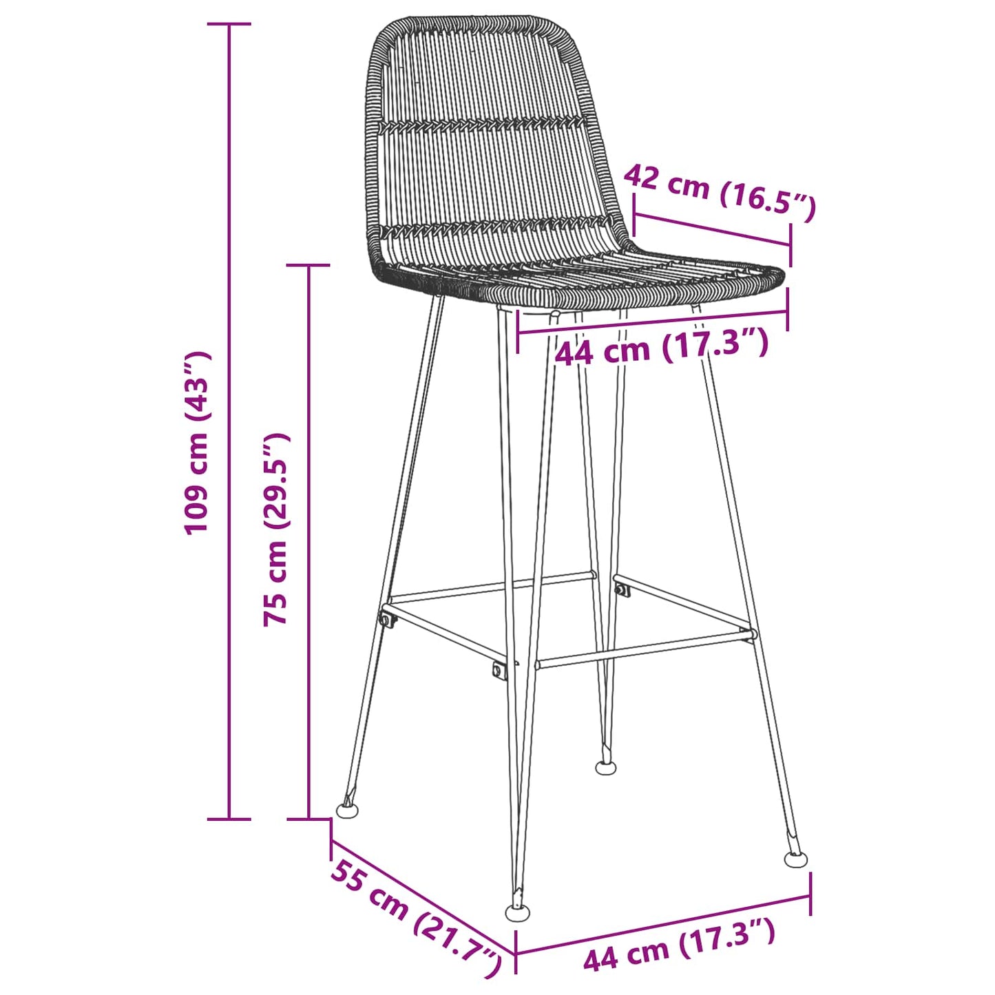 Bárszék 2 pcs Fekete 44 x 55 x 109 cm Rattan és acél