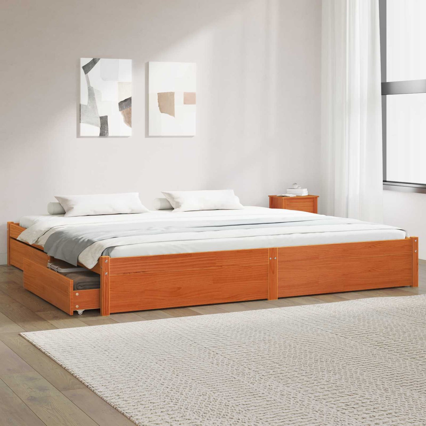 Ágykeret fiókkal Faggyú barna 200 x 200 cm Tömör fenyőfa
