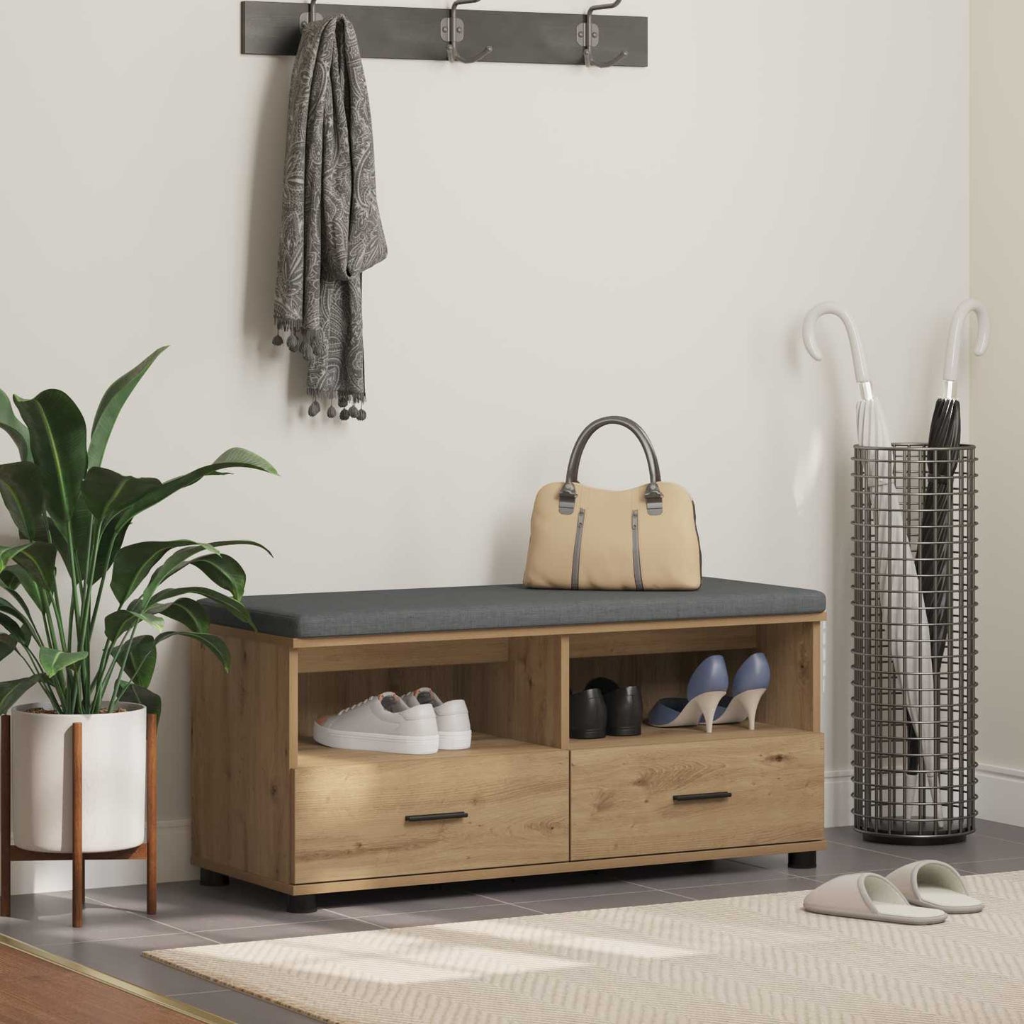 Cipőpad Párnával Kézműves Tölgy 100 x 38 x 46 cm Szerelt Fa