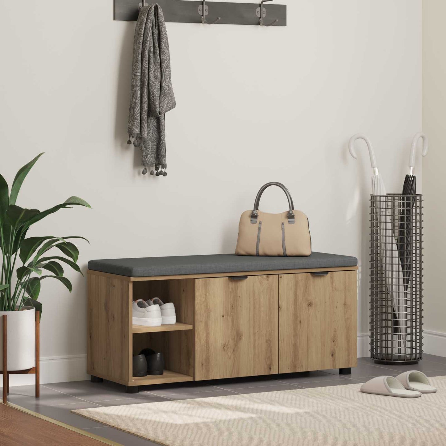 Cipőpad Párnával Kézműves Tölgy 100 x 38 x 46 cm Szerelt Fa