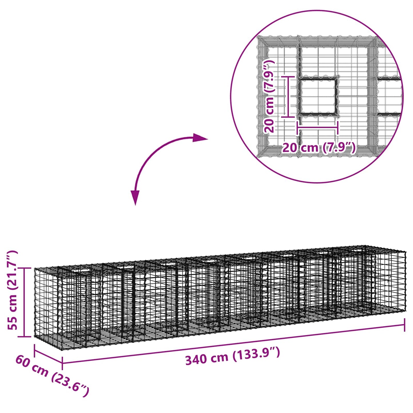 Gabion emelt ágy 2 pcs Ezüst 340 x 60 x 55 cm Horganyzott acél