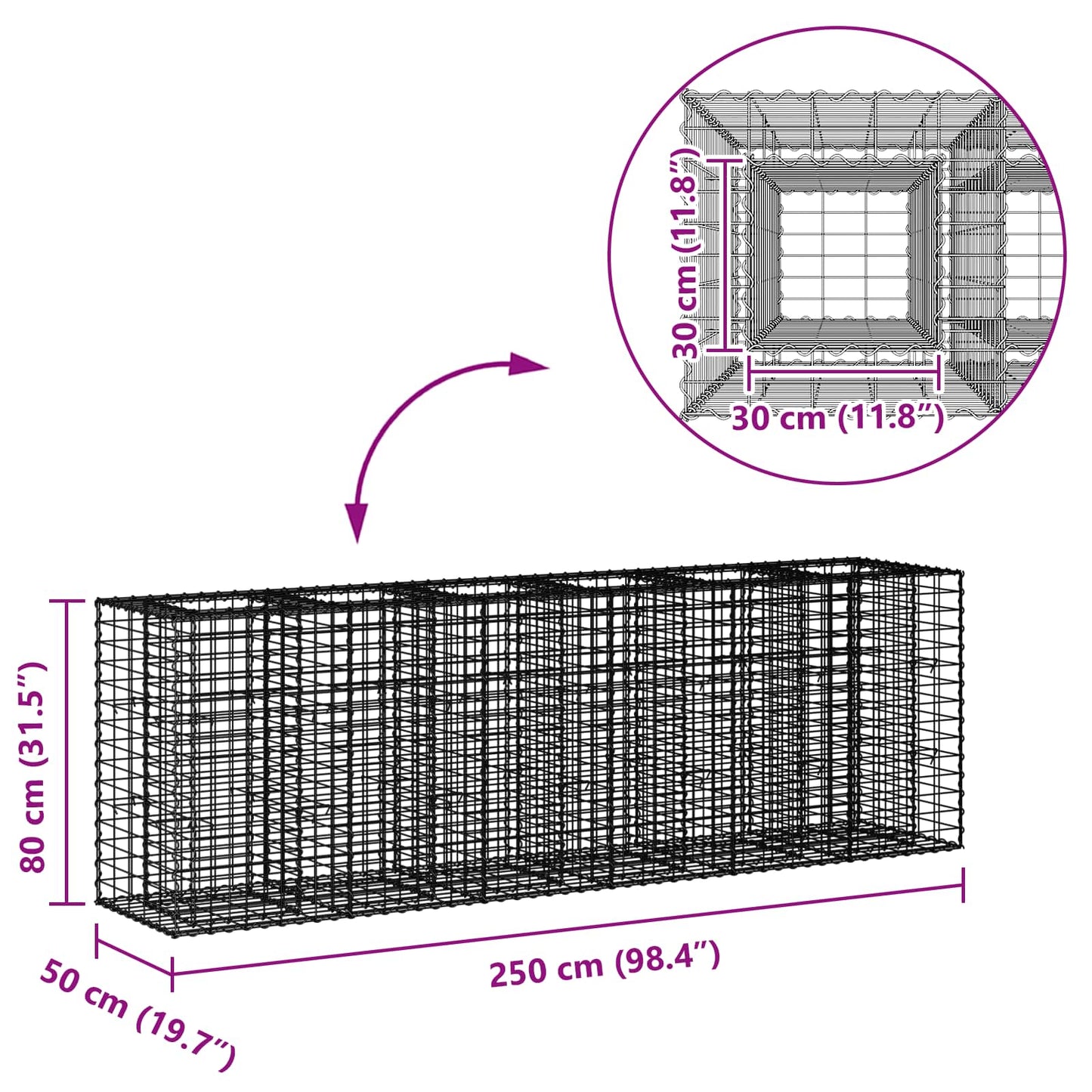 Gabion emelt ágy 2 pcs Ezüst 250 x 50 x 80 cm Horganyzott acél