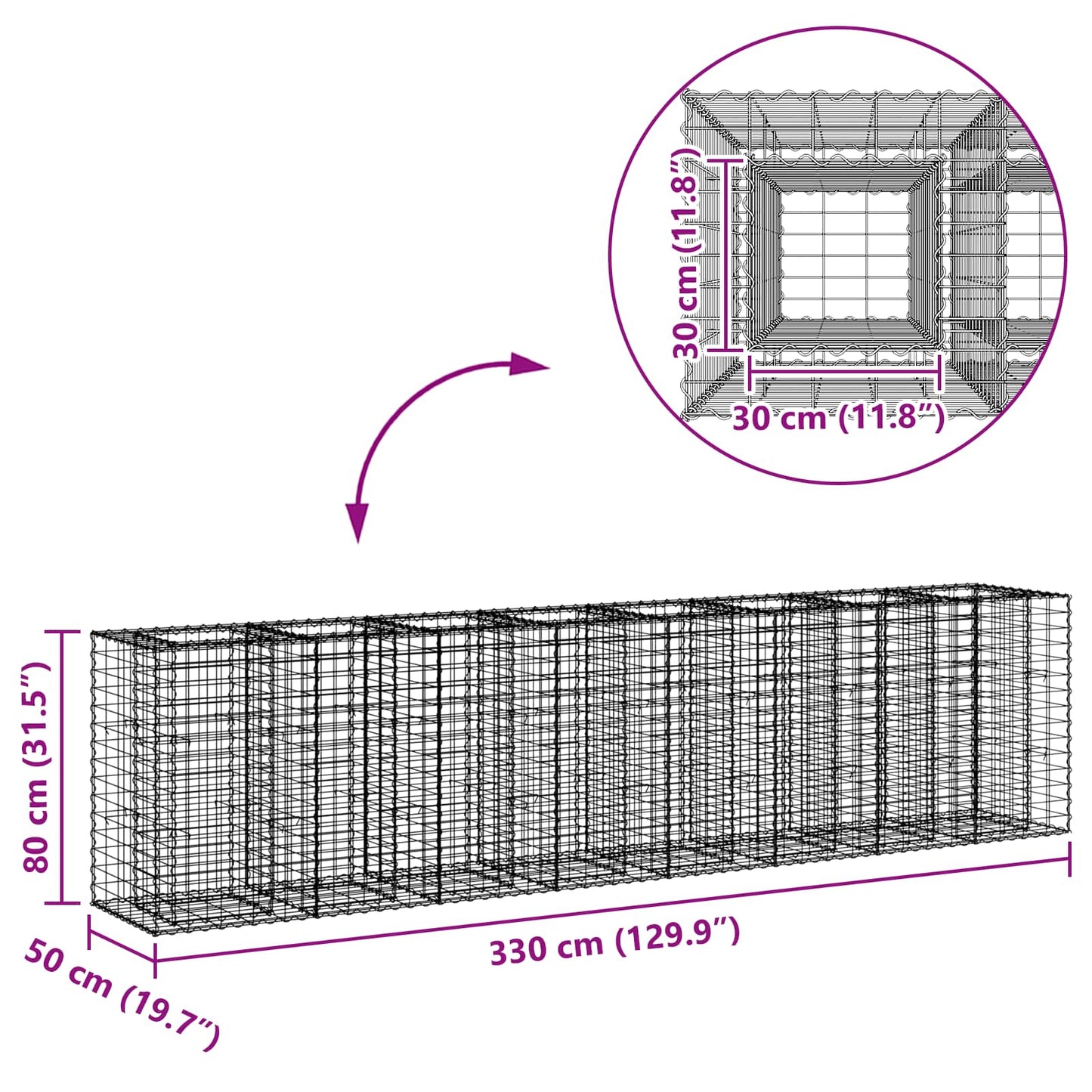 Gabion emelt ágy 2 pcs Ezüst 330 x 50 x 80 cm Horganyzott acél