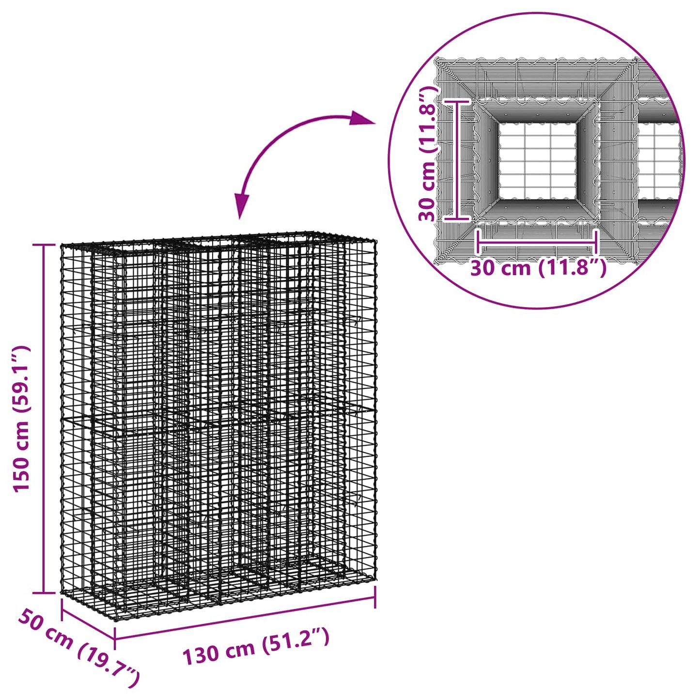 Gabion emelt ágy 2 pcs Ezüst 130 x 50 x 150 cm Horganyzott acél