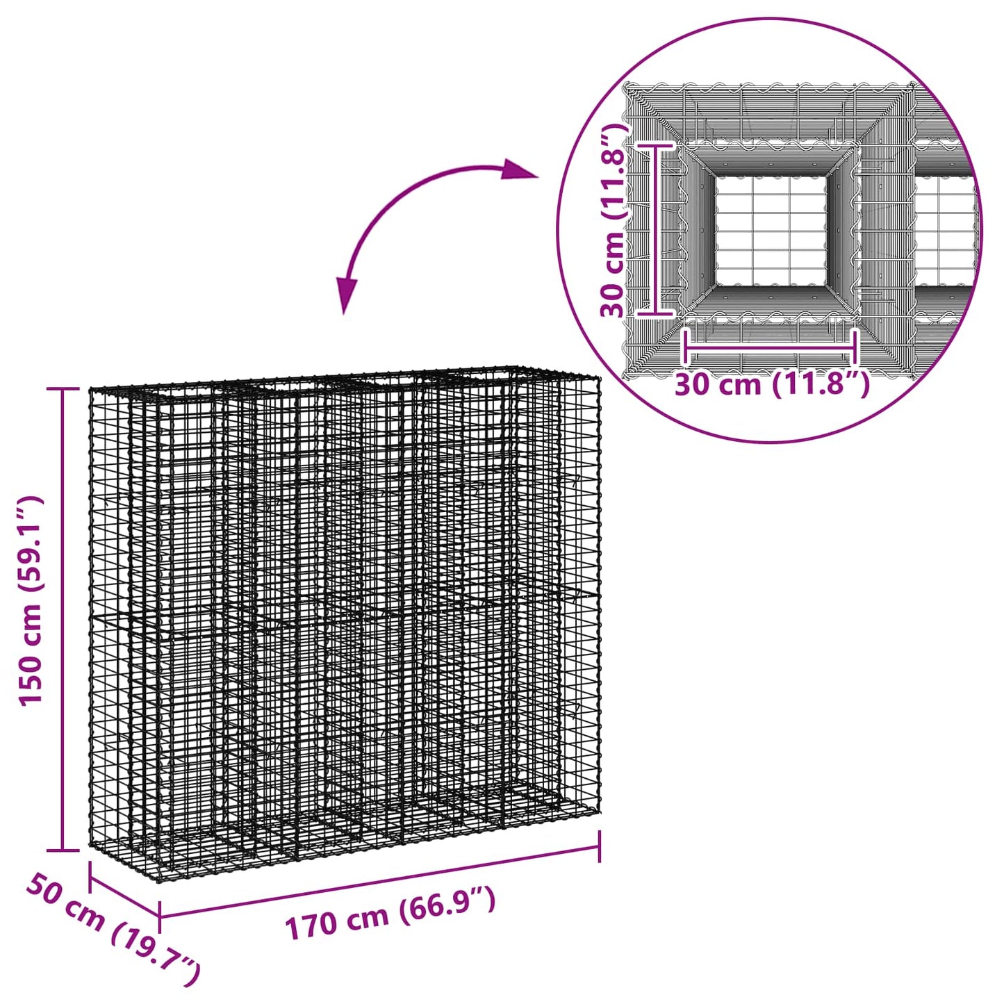 Gabion emelt ágy 2 pcs Ezüst 170 x 50 x 150 cm Horganyzott acél