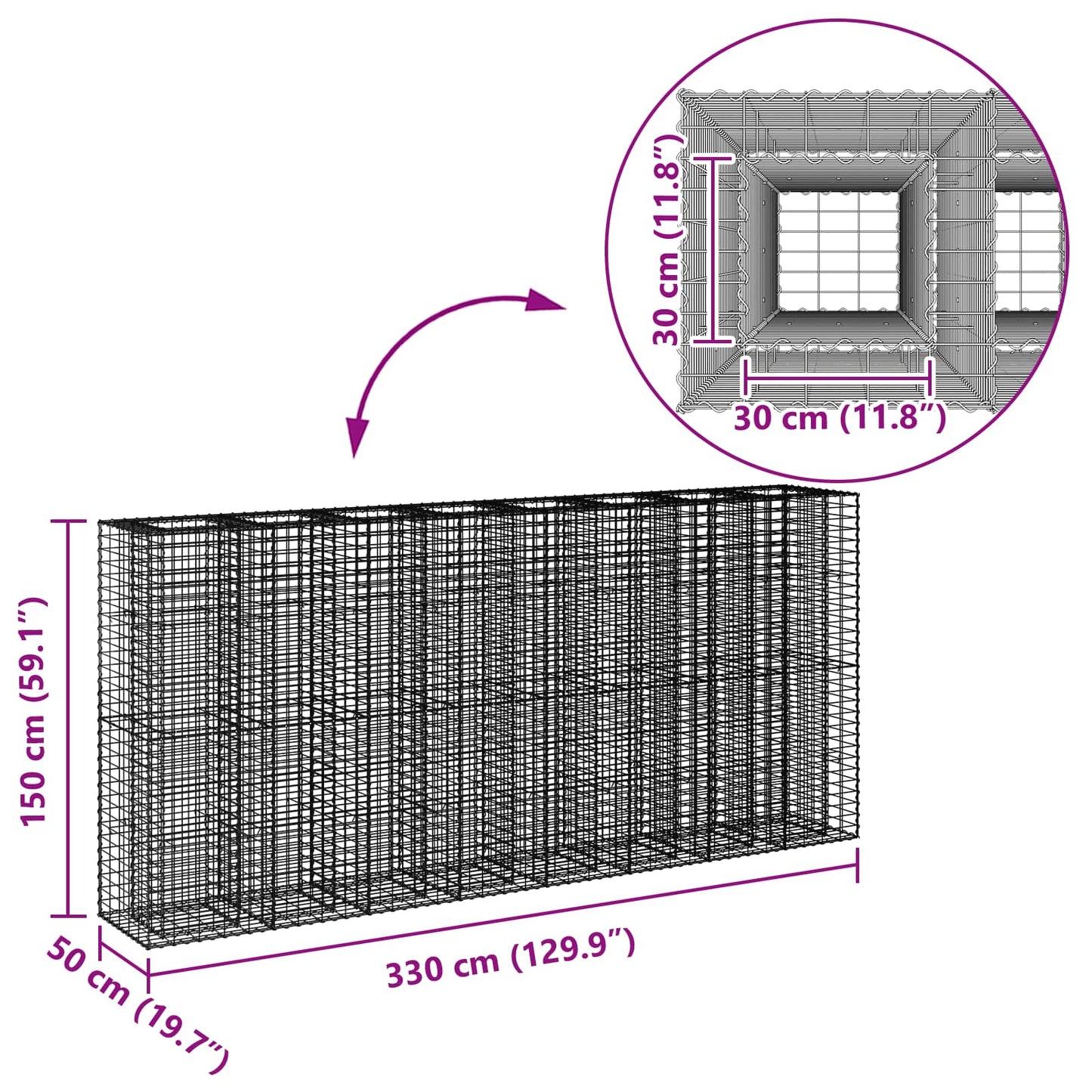 Gabion emelt ágy 4 pcs Ezüst 330 x 50 x 150 cm Horganyzott acél