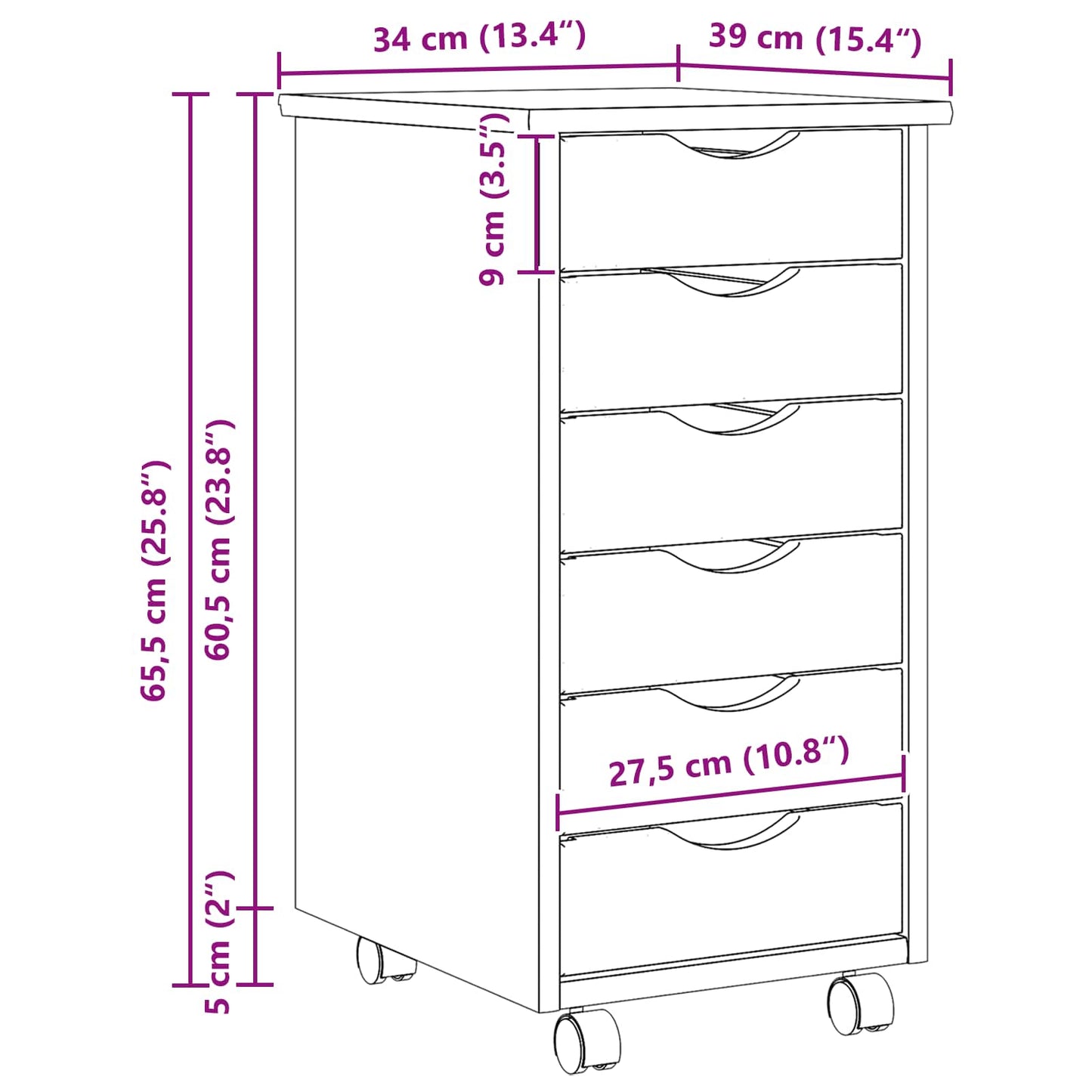 Görgős szekrény fiókokkal MOSS Tiszta lakk 34 x 39 x 65,5 cm