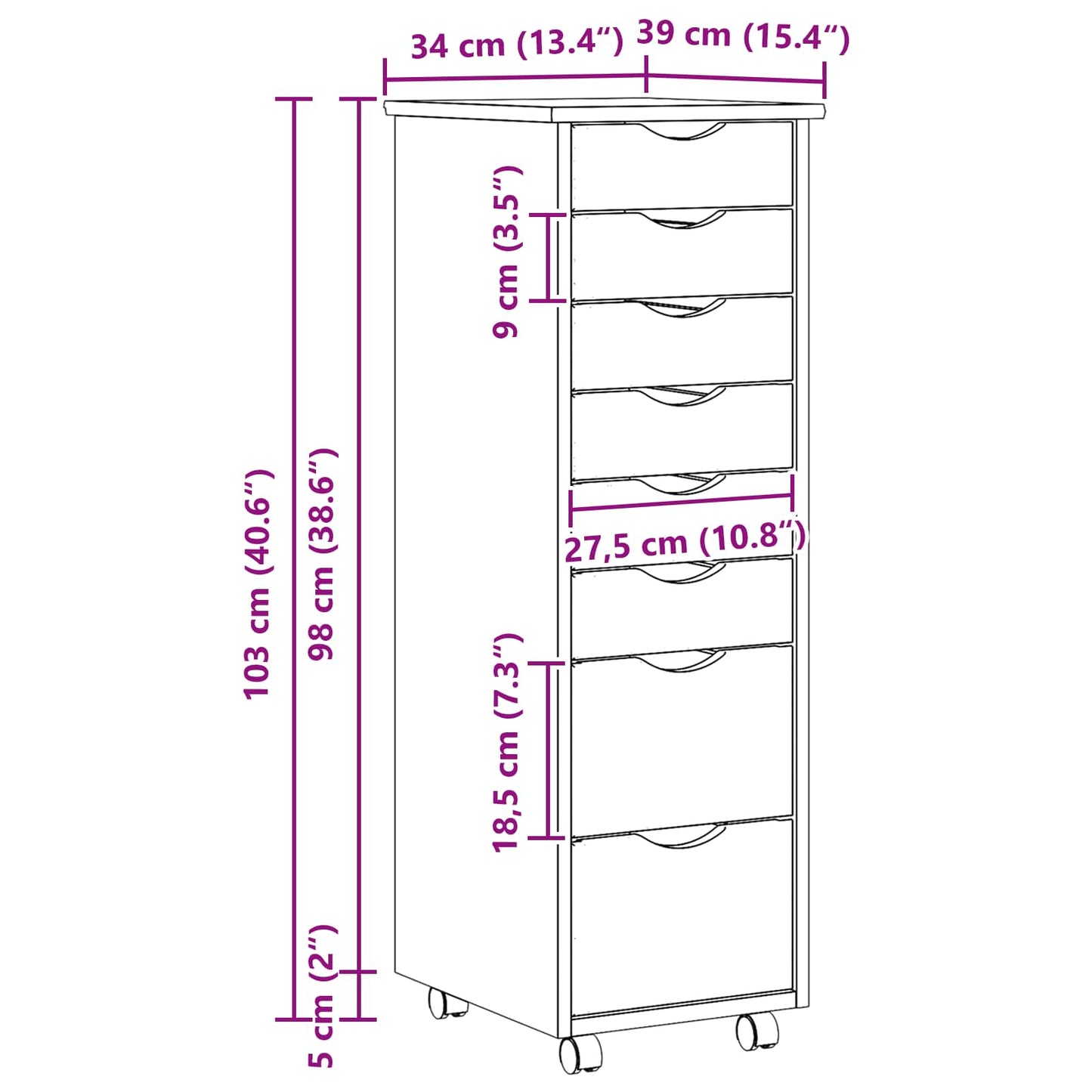 Görgős szekrény fiókokkal MOSS Tiszta lakk 34 x 39 x 103 cm