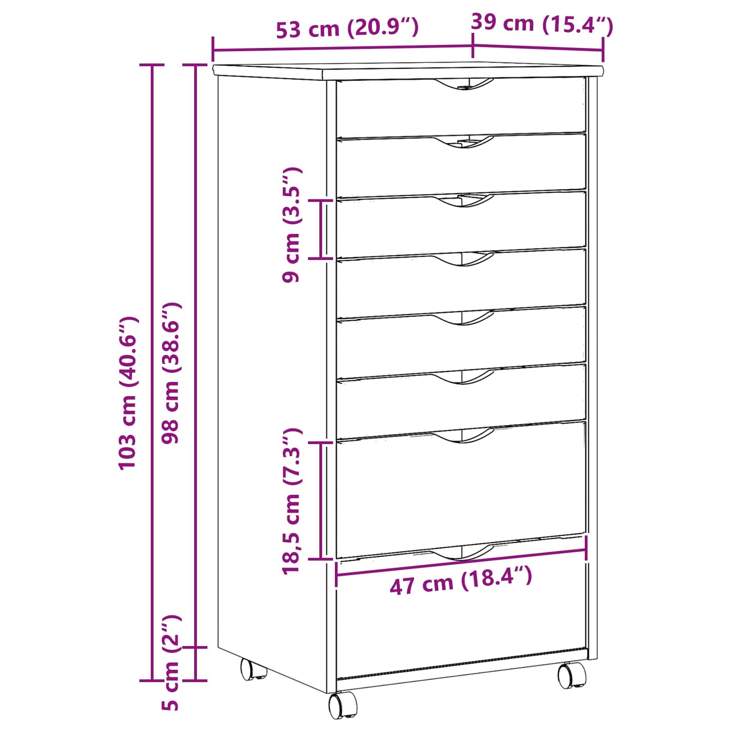 Görgős szekrény fiókokkal MOSS Tiszta lakk 53 x 39 x 103 cm
