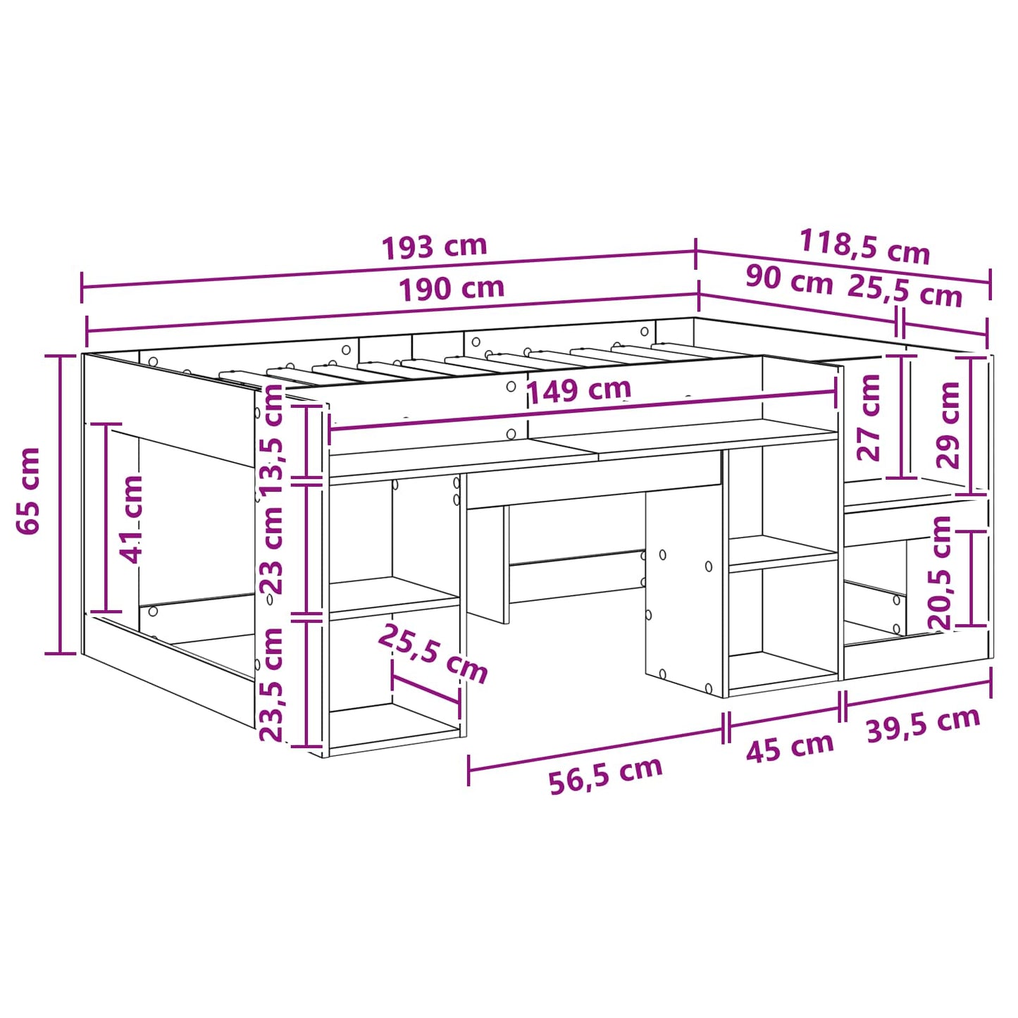 Gyerekágy keret tárolóval Szürke Sonoma 90 x 190 cm Szerelt Fa