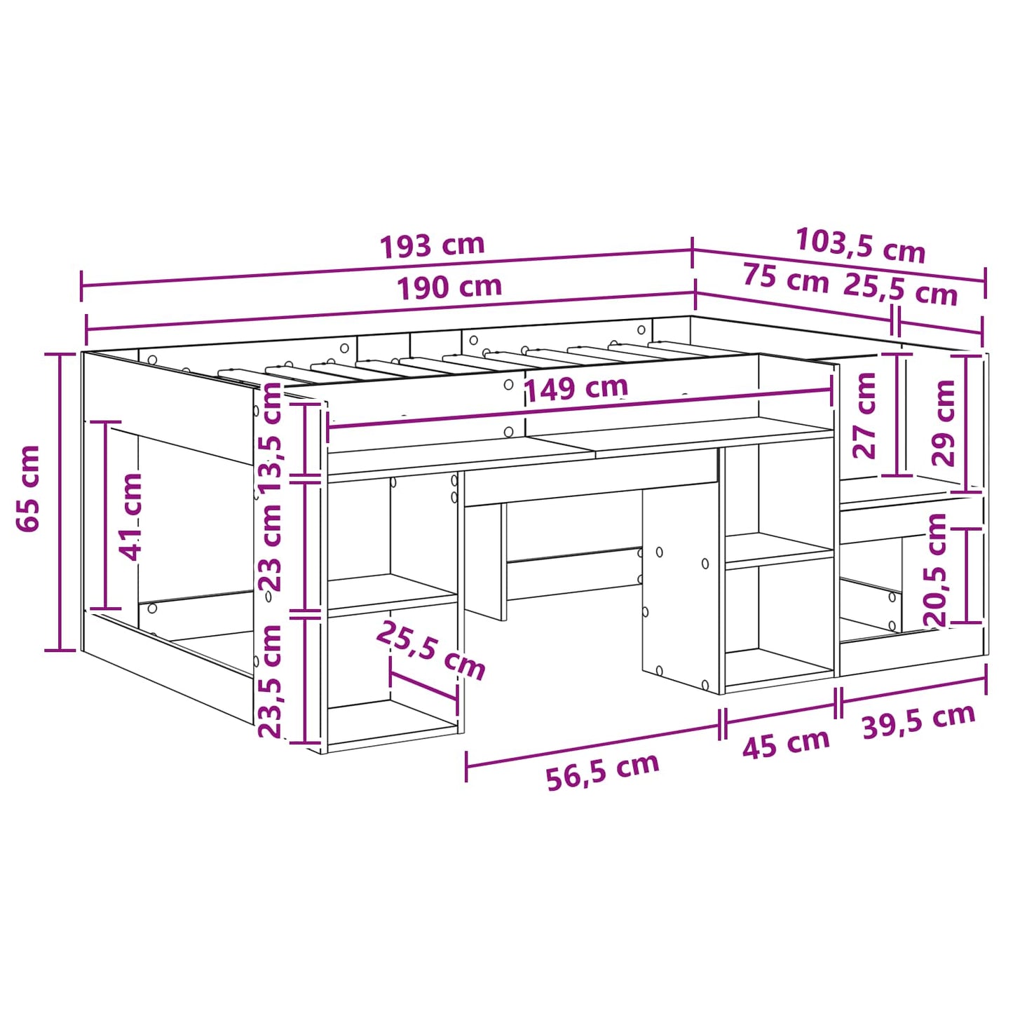 Gyerekágy keret tárolóval Betonszürke 75 x 190 cm Szerelt Fa