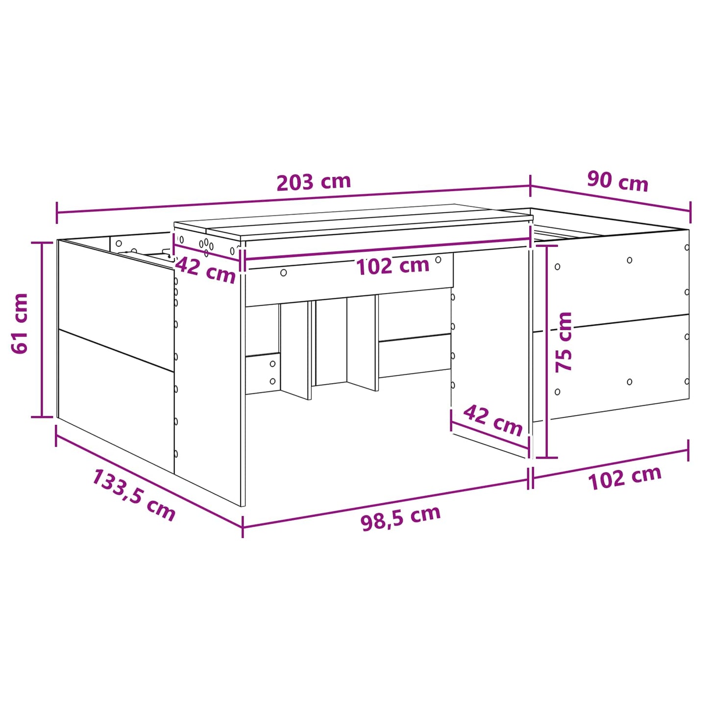 Gyerekek Magas Ágykeret Íróasztallal Fekete 90 x 200 cm