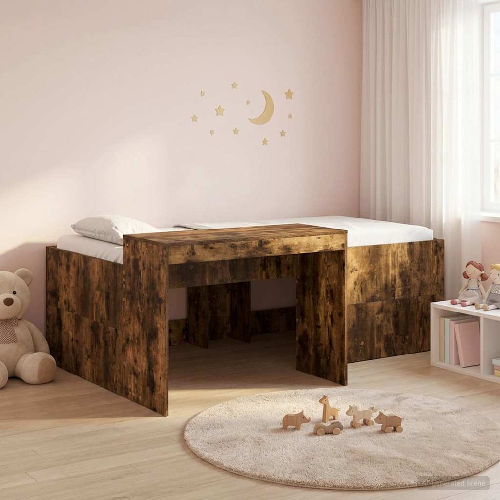 Gyerekek Magas Ágykeret Íróasztallal Füstös Tölgy 90 x 200 cm