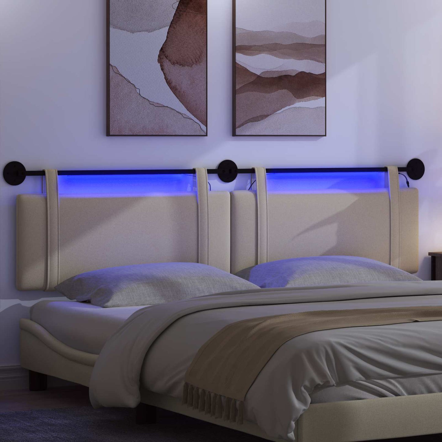 Függesztett ágyfej LED fényekkel Krémszínű Szövet